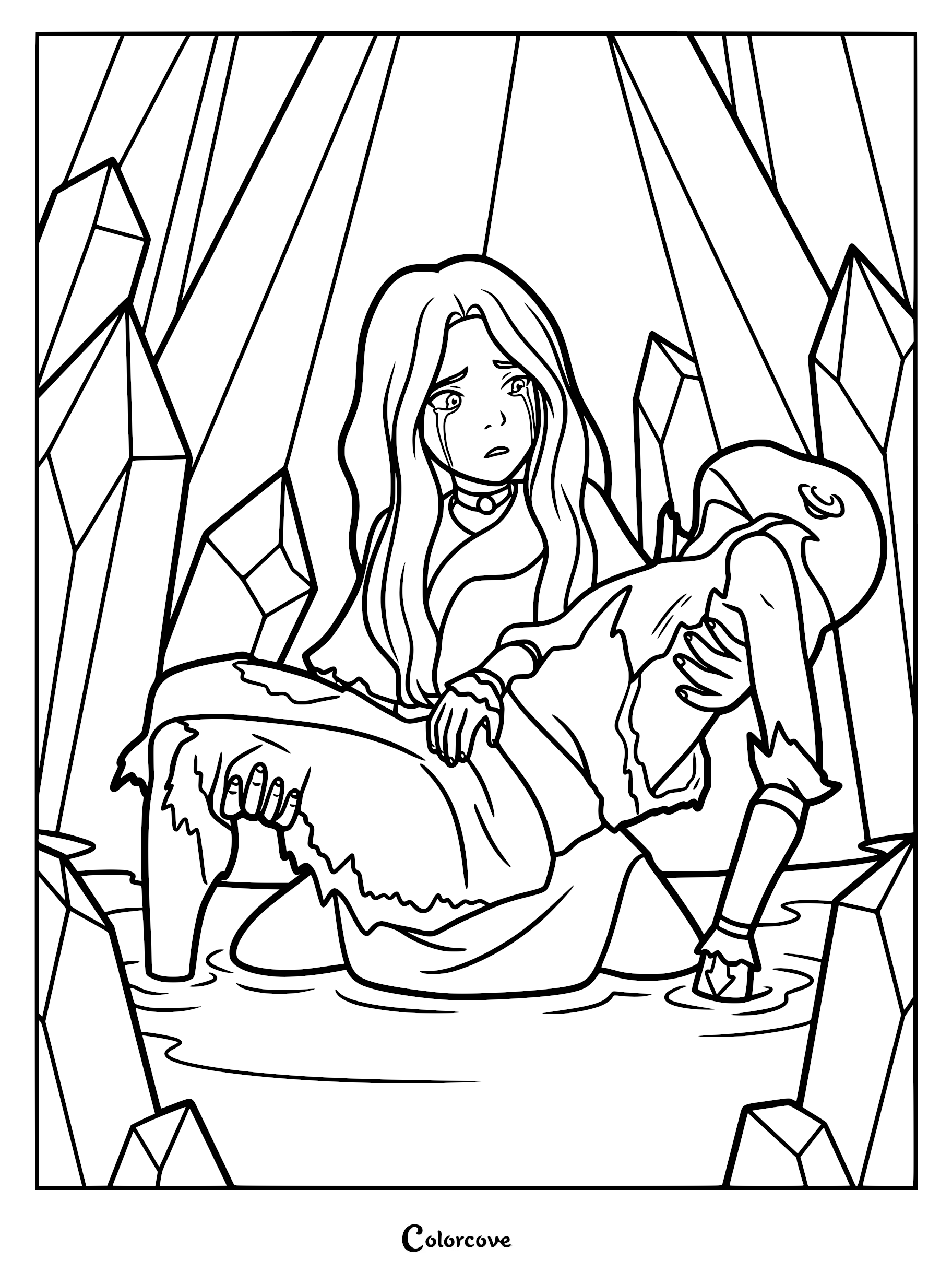 Katara holding an unresponsive Aang after he was struck by lightning from Azula in this detailed Avatar The Last Airbender coloring page.