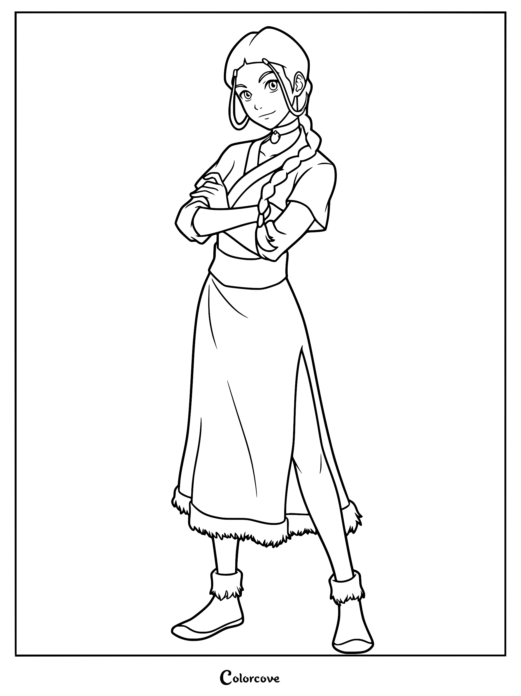 Katara standing with arms crossed in her Water Tribe outfit, printable coloring page.