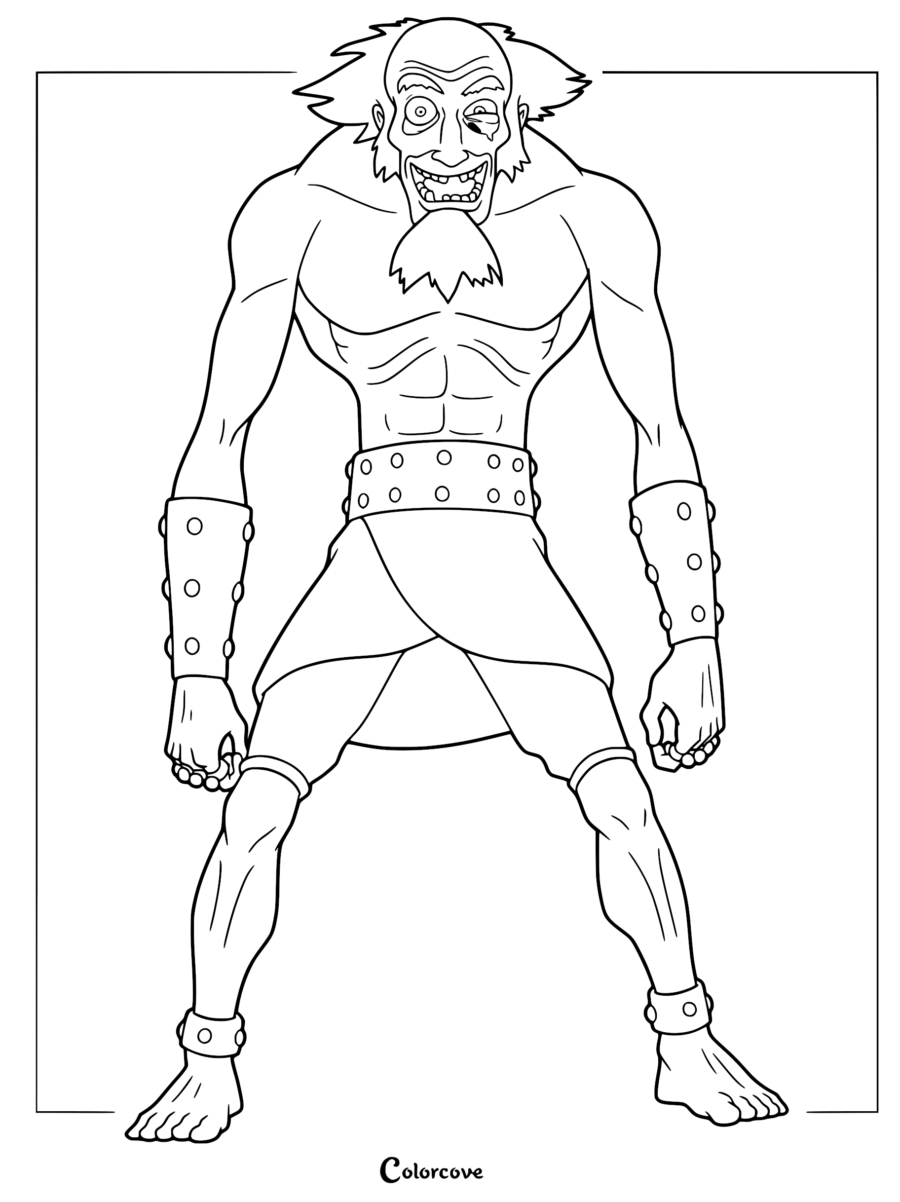 King Bumi from Avatar The Last Airbender standing in a wide stance with a wild expression, featured in a printable coloring page.