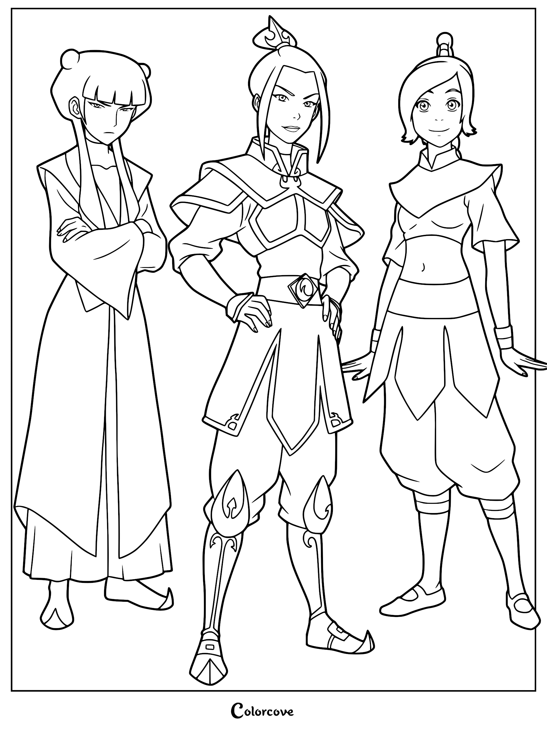 Mai, Princess Azula, and Ty Lee standing together in a line art coloring page style.