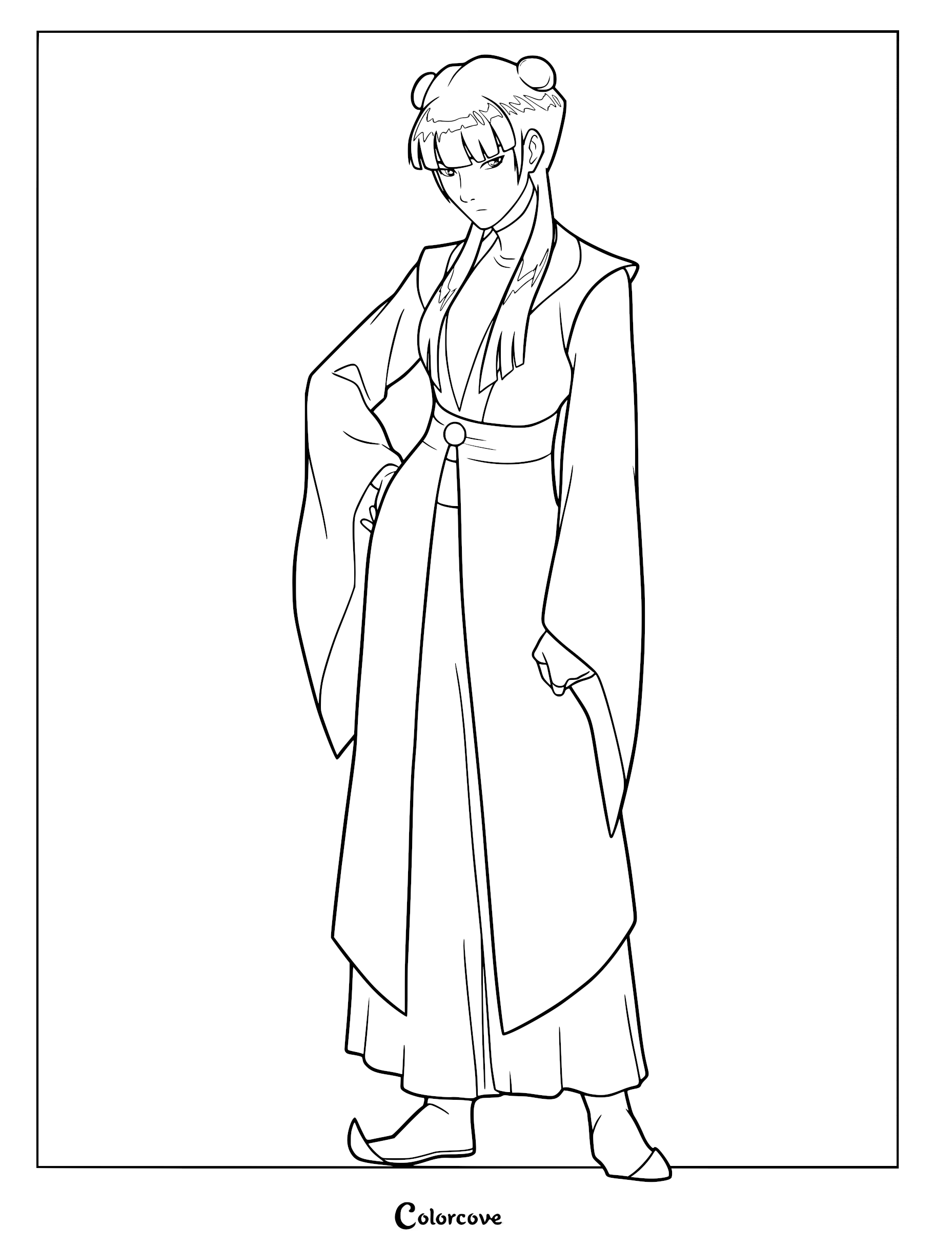 Mai from Avatar The Last Airbender standing in a stoic pose, printable coloring page featuring her signature Fire Nation outfit and hair buns.