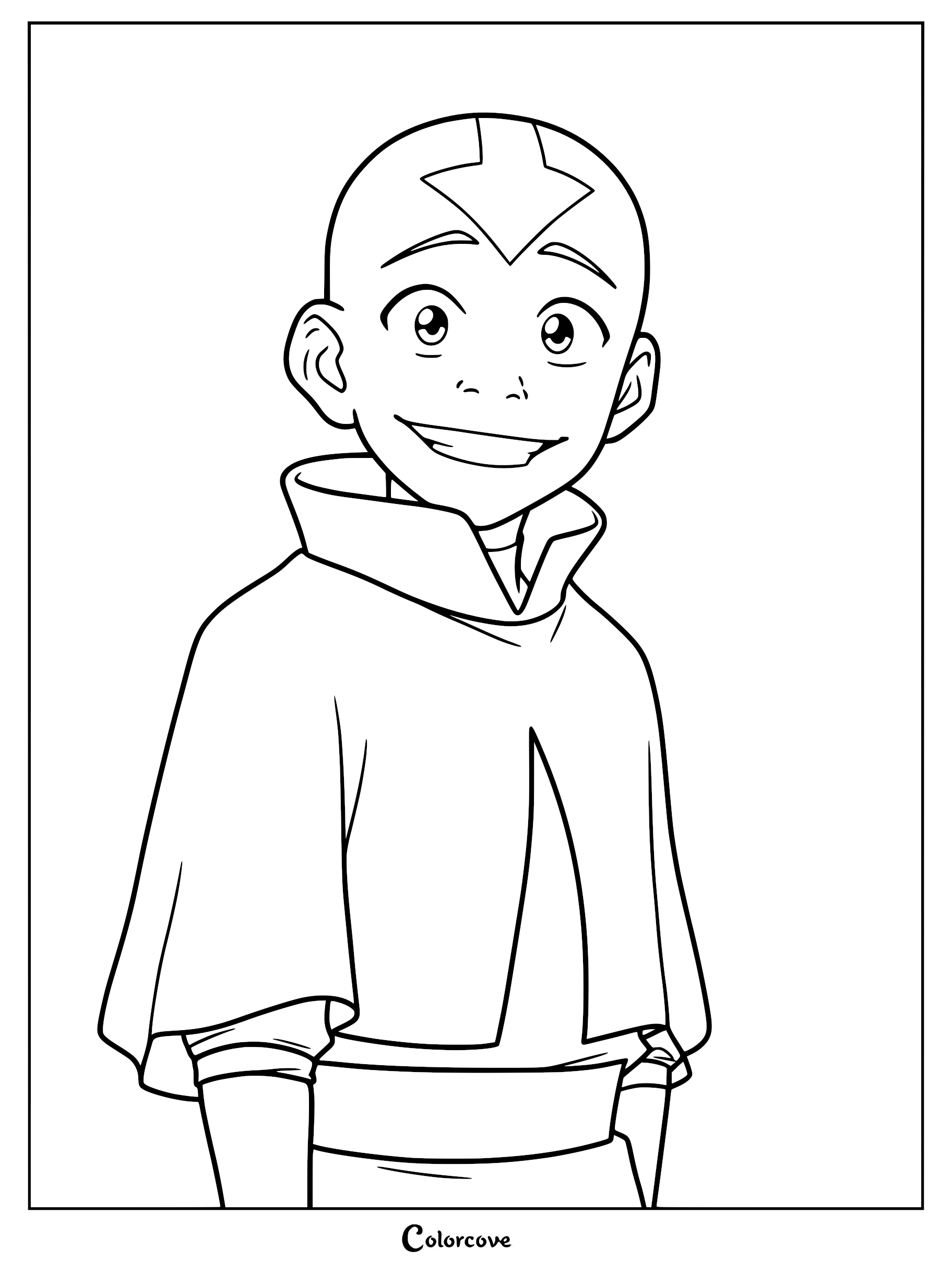 A clean line art coloring page featuring a close-up portrait of Aang from Avatar The Last Airbender with his signature arrow tattoo.