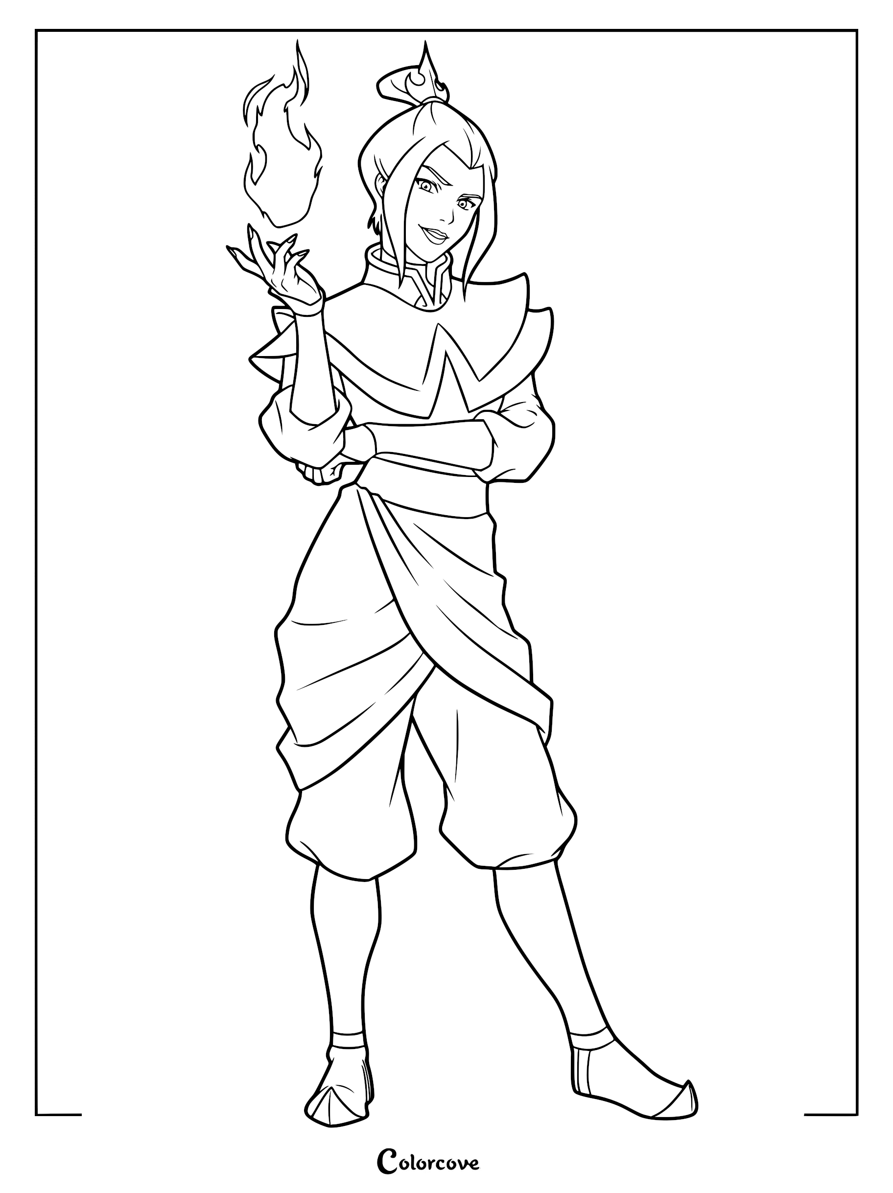 Princess Azula from Avatar The Last Airbender standing with a flame in her hand in this detailed line art coloring page.