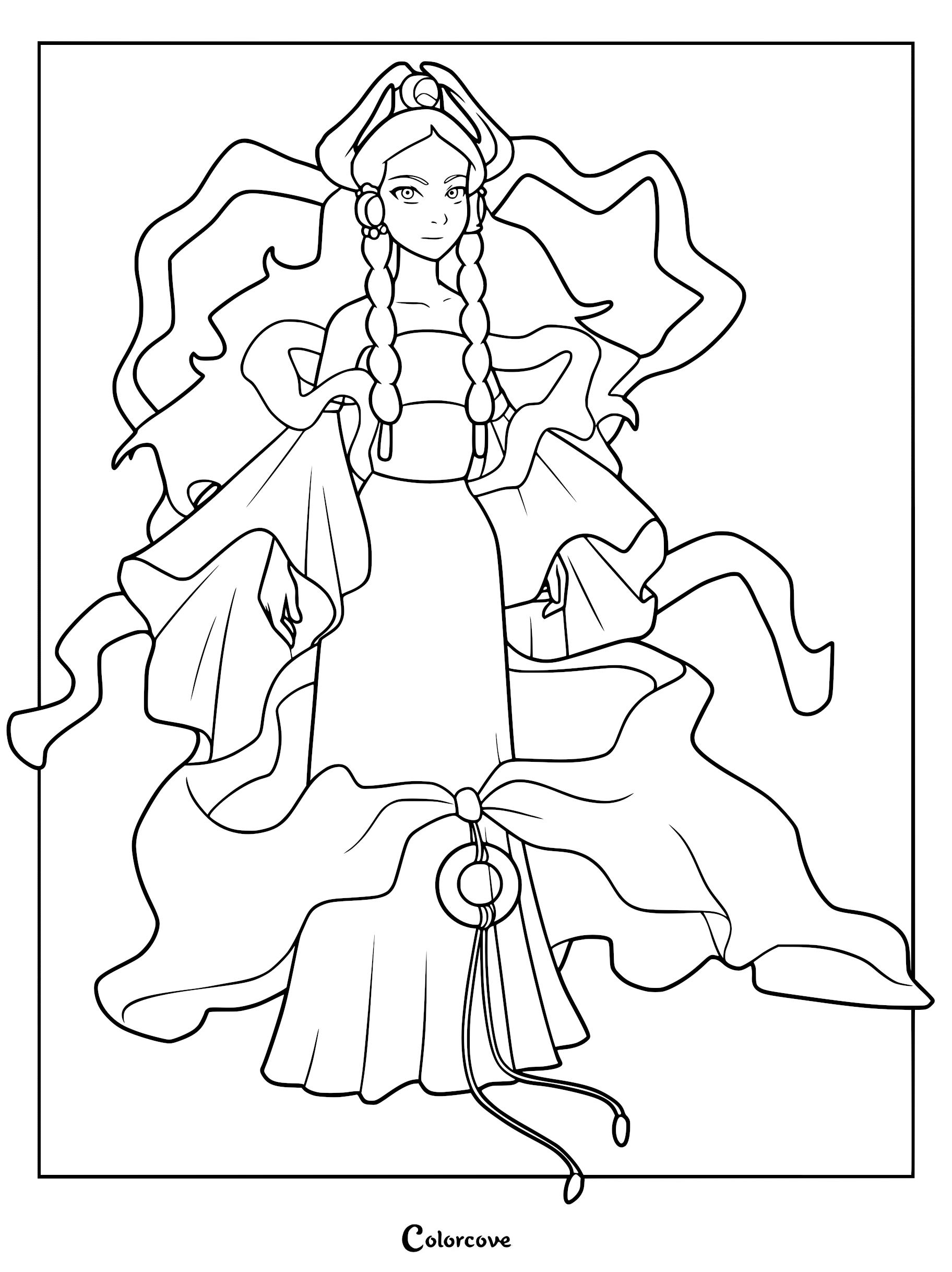 Princess Yue from Avatar The Last Airbender wearing her traditional Northern Water Tribe gown and ornate headpiece in this printable coloring page.