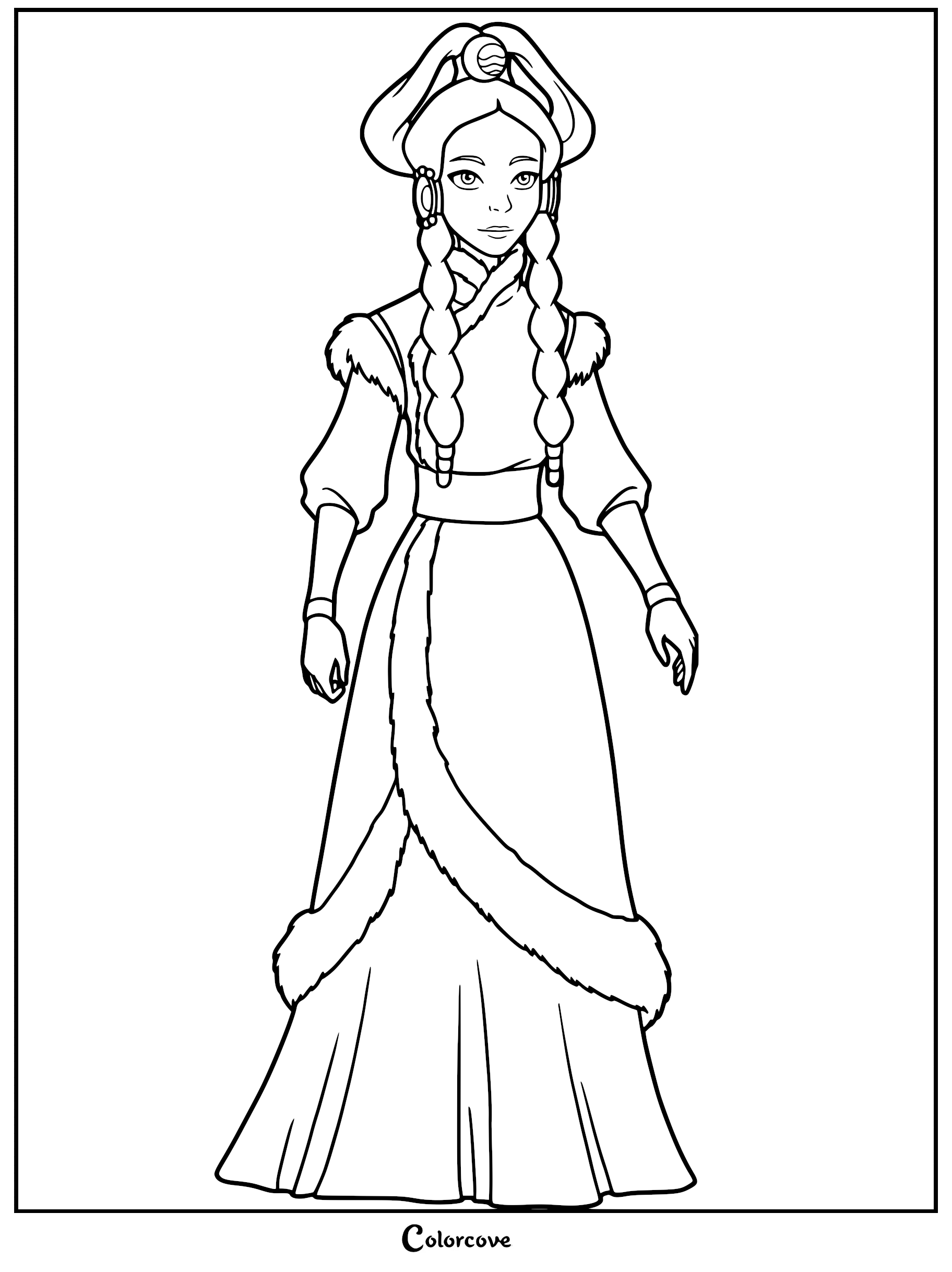 Princess Yue from Avatar The Last Airbender wearing her traditional Northern Water Tribe fur-trimmed gown and headpiece in a printable coloring page.