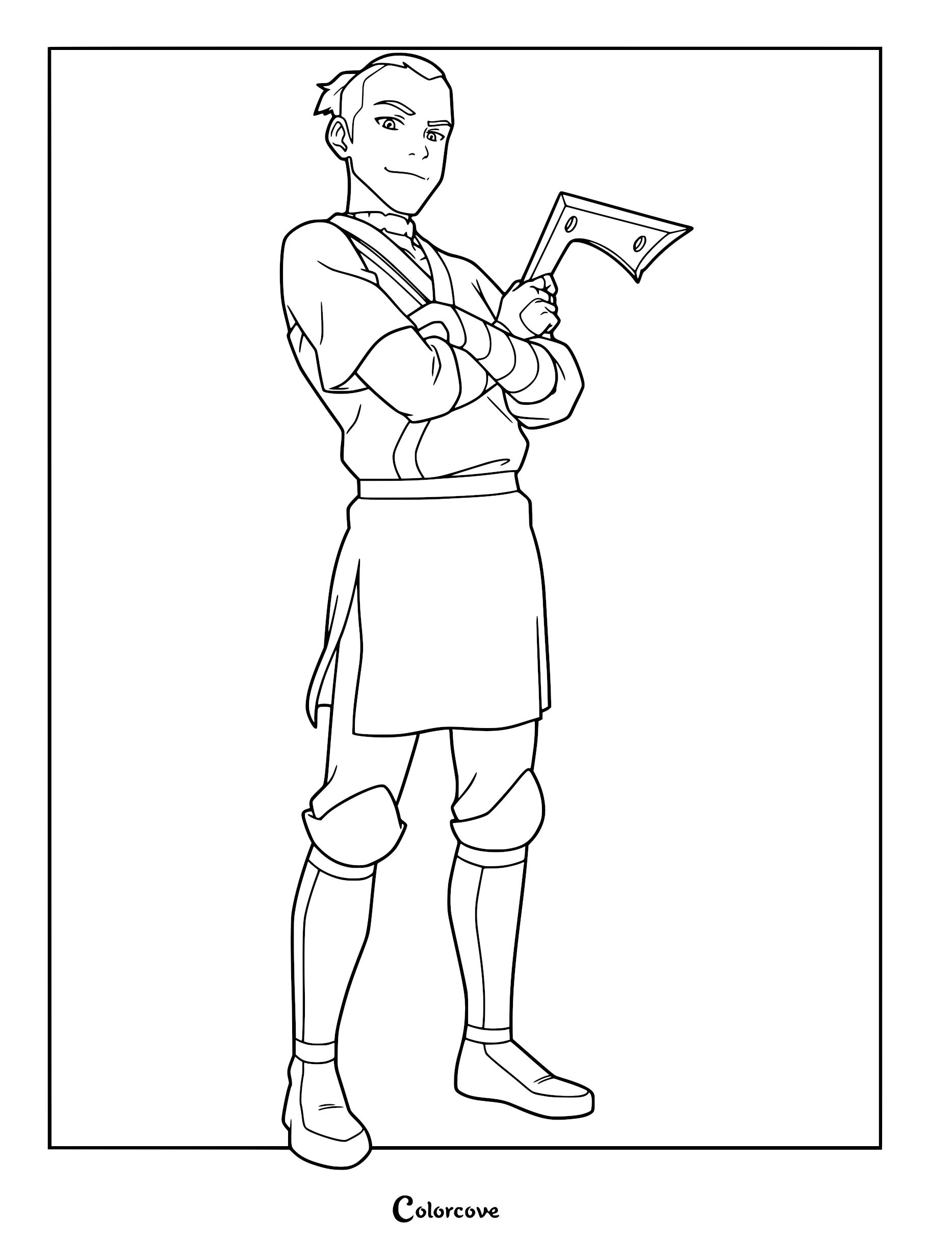 Sokka standing confidently holding his signature boomerang in this printable coloring page.