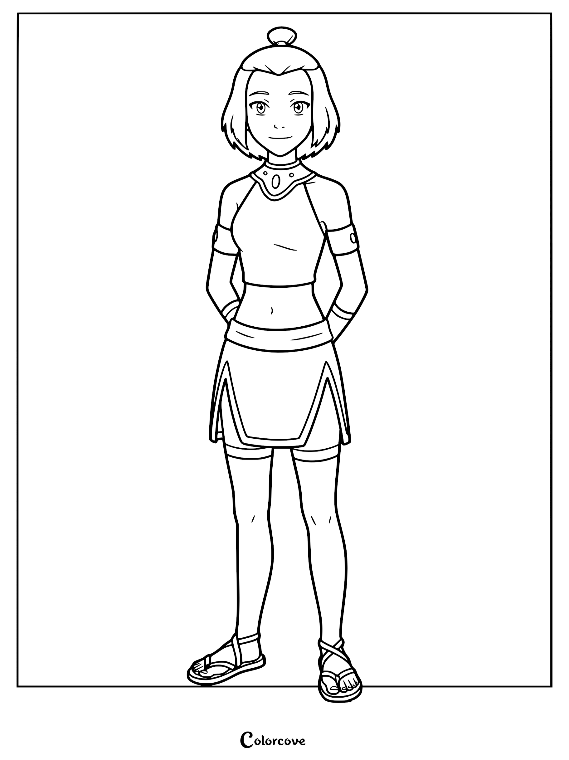 Suki from Avatar The Last Airbender standing in her Kyoshi Warrior outfit, printable coloring page.