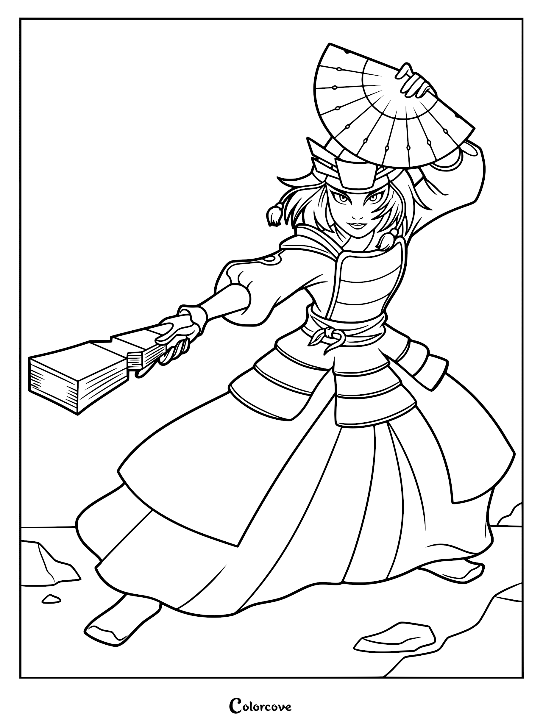 Suki from Avatar The Last Airbender in her Kyoshi Warrior armor holding fans in a dynamic fighting stance, printable coloring page.