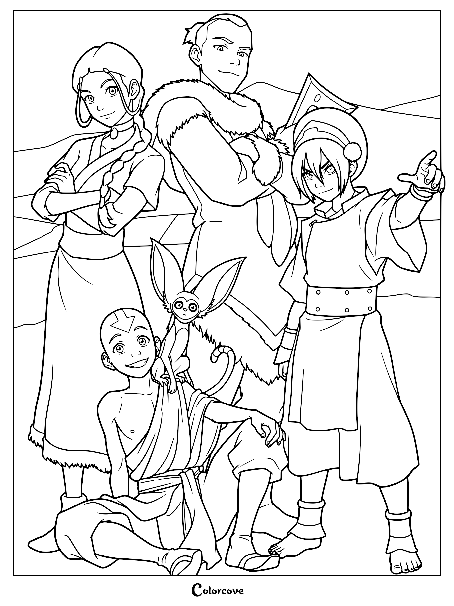 Aang, Katara, Sokka, Toph, and Momo in a group pose for a printable coloring page.