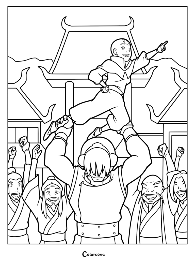 The Ember Island Players performing a play with an actor playing Aang held aloft by an actor playing Toph in front of a cheering audience.