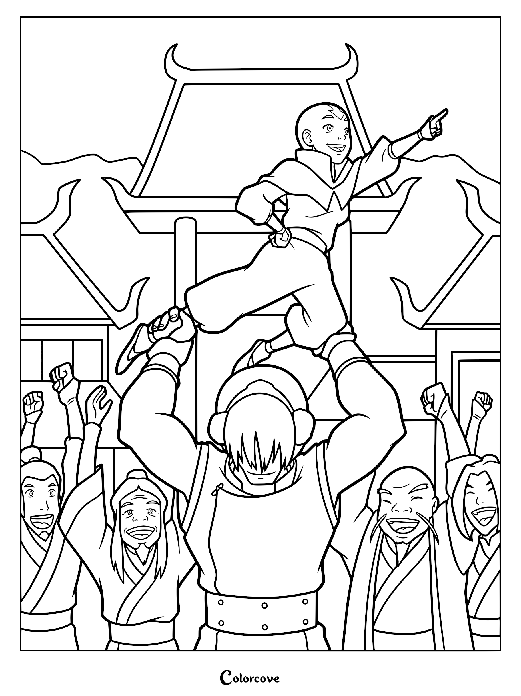The Ember Island Players performing a play with an actor playing Aang held aloft by an actor playing Toph in front of a cheering audience.