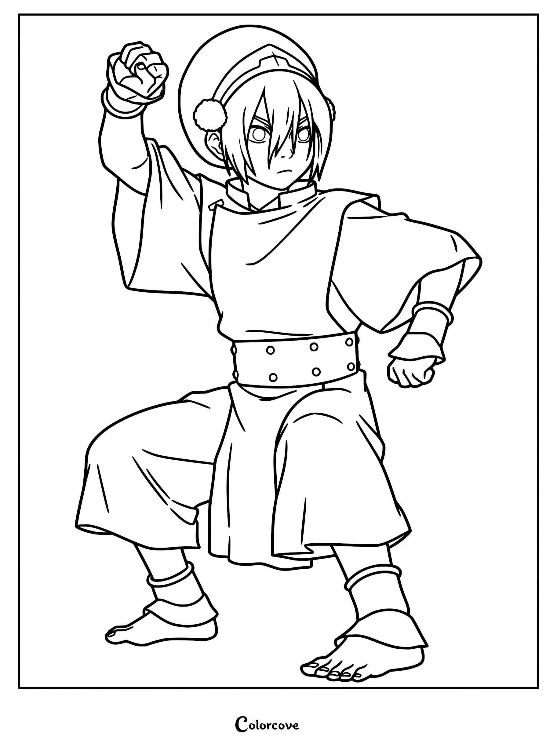 Toph Beifong from Avatar The Last Airbender in a powerful earthbending stance, printable coloring page.