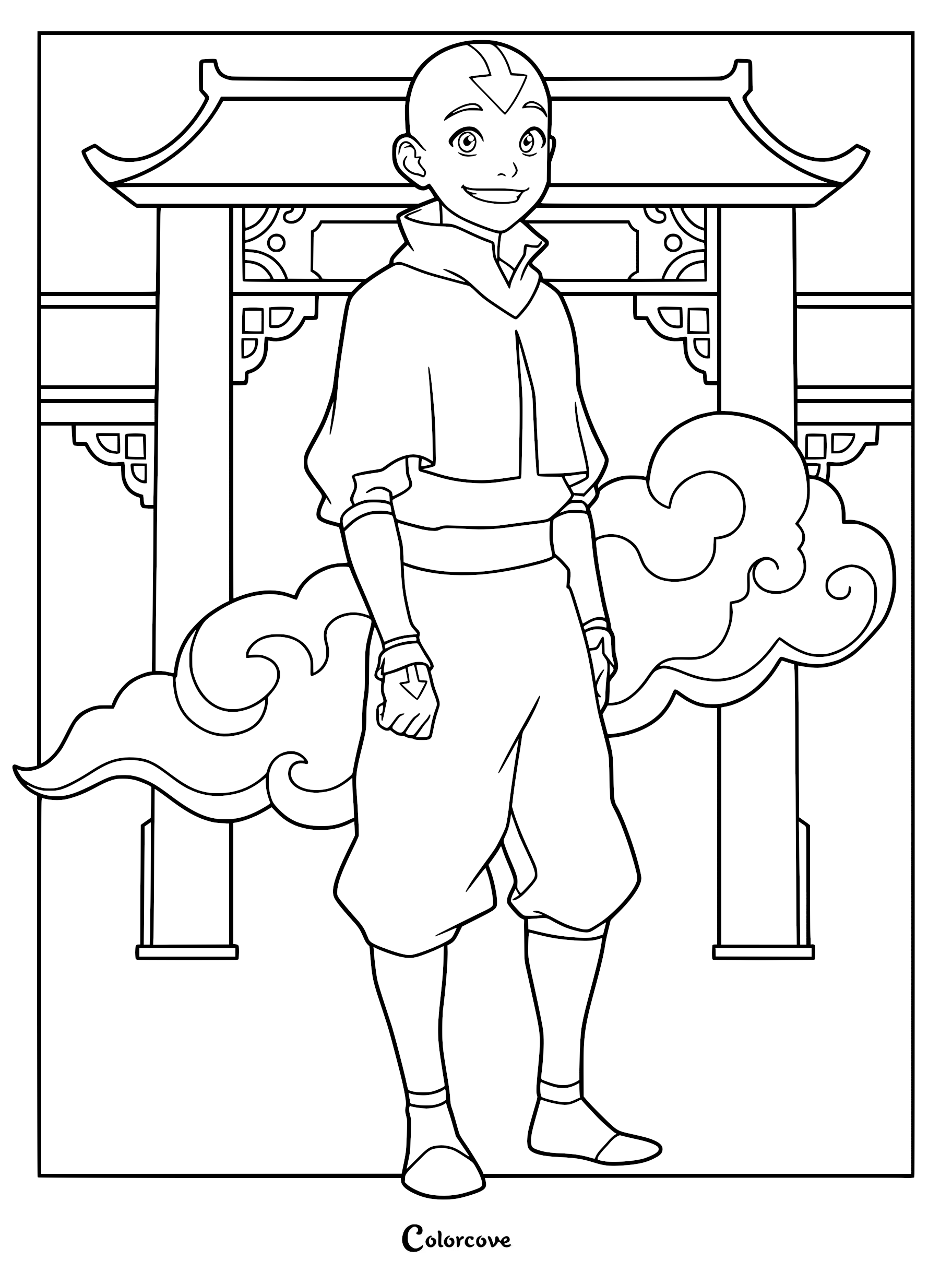 Aang from Avatar The Last Airbender standing in front of an Air Temple gate with swirling clouds, printable coloring page.