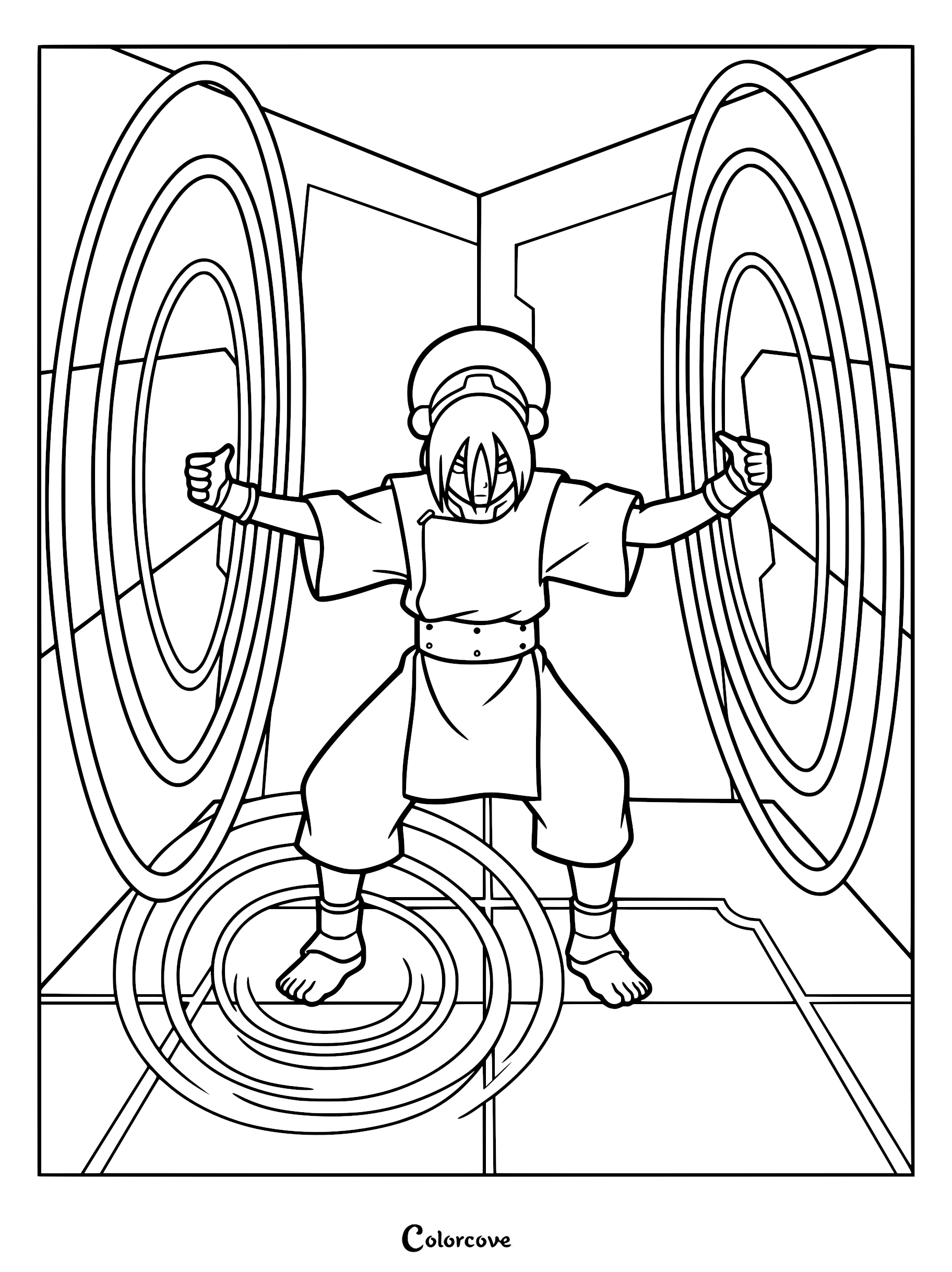 Toph Becomes the Greatest Earthbender Alive When She Learns How To Metalbend coloring page featuring Toph Beifong manipulating metal rings with earthbending powers.