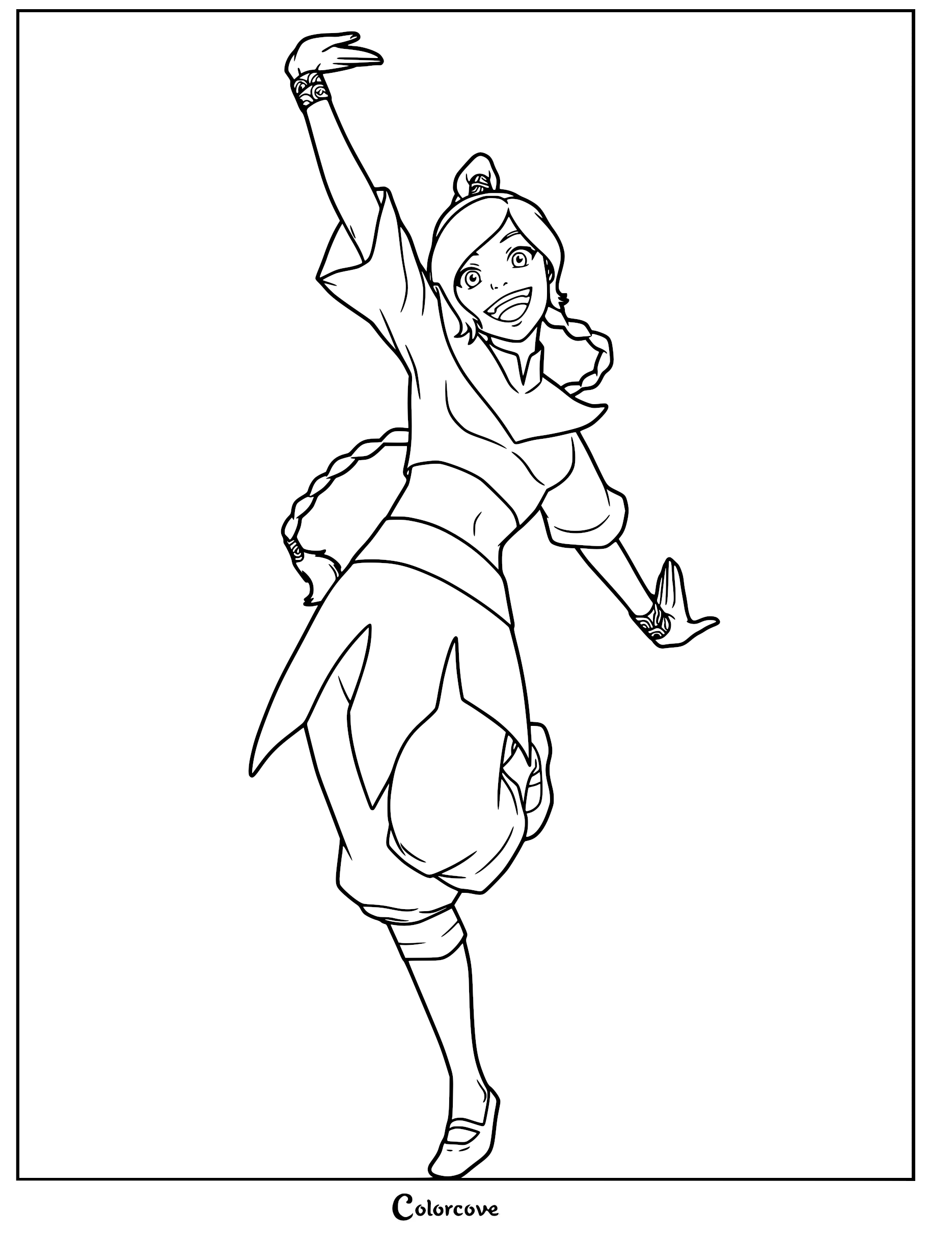 Ty Lee from Avatar The Last Airbender in a dynamic acrobatic pose for a printable coloring page.