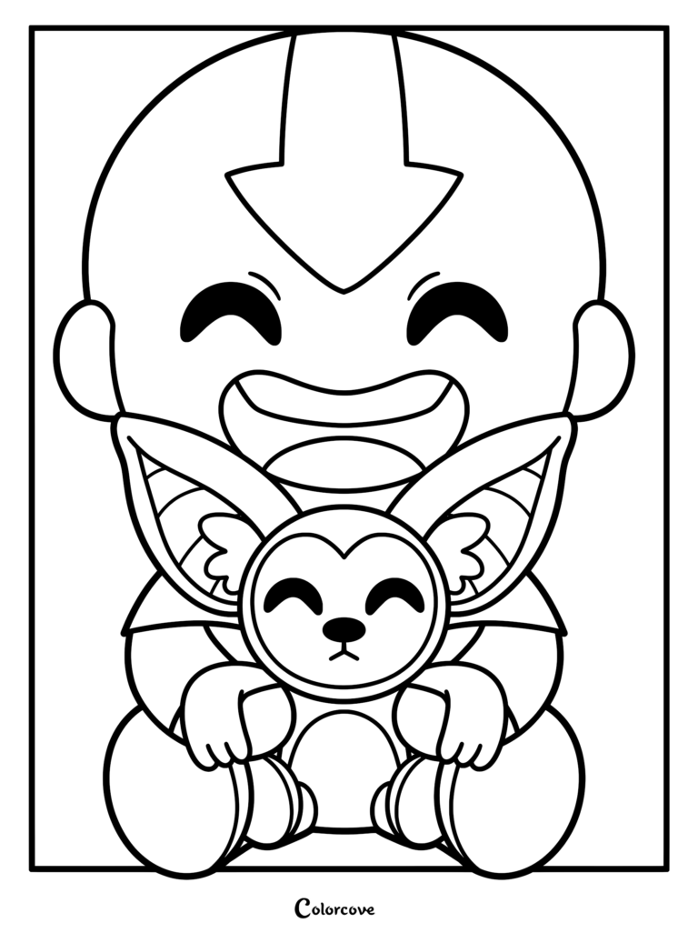 Chibi style Aang holding Momo in his arms, a simple line art coloring page featuring the Avatar and his winged lemur.