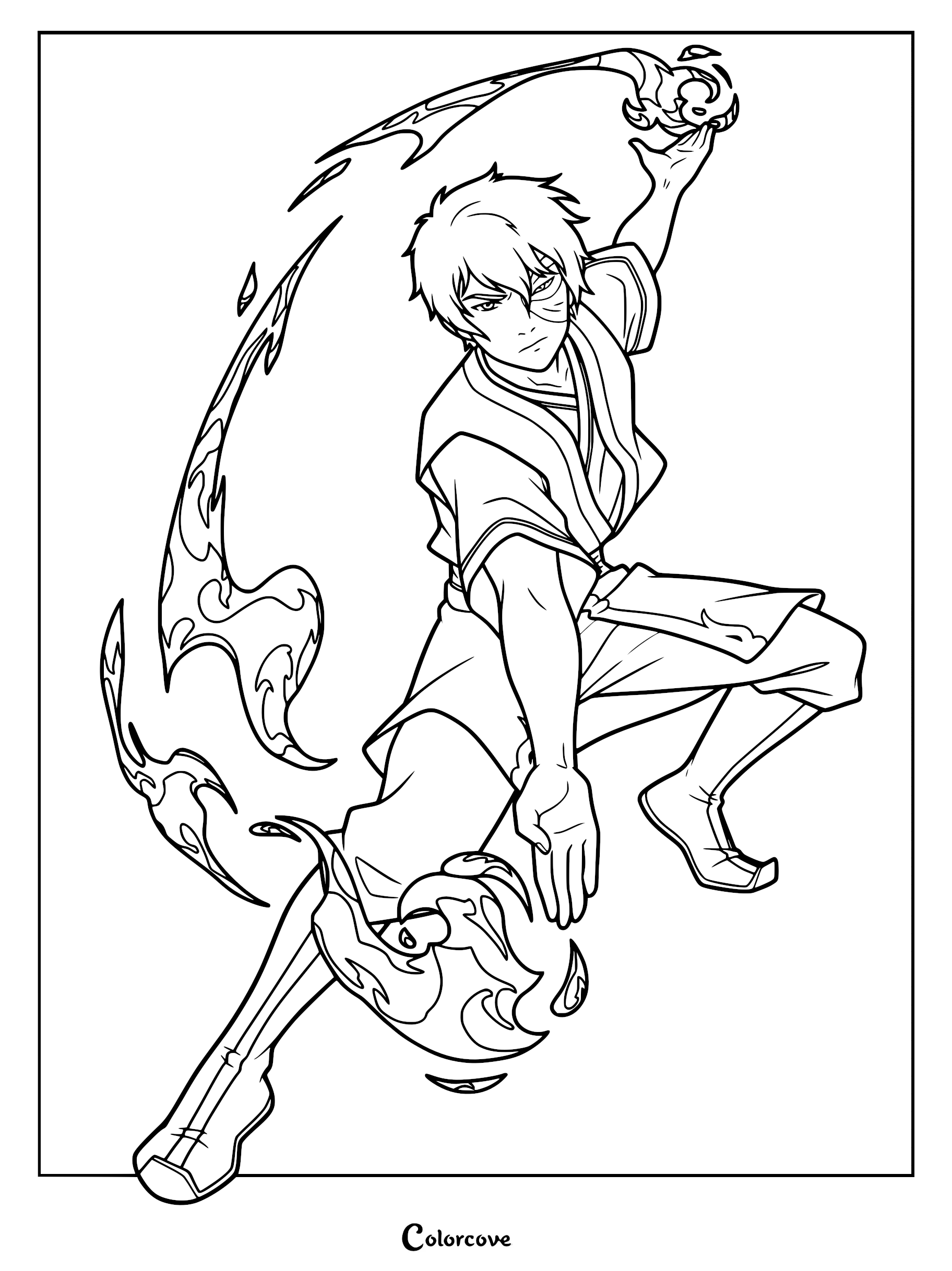 Zuko from Avatar The Last Airbender performing a dynamic firebending move in this printable coloring page.