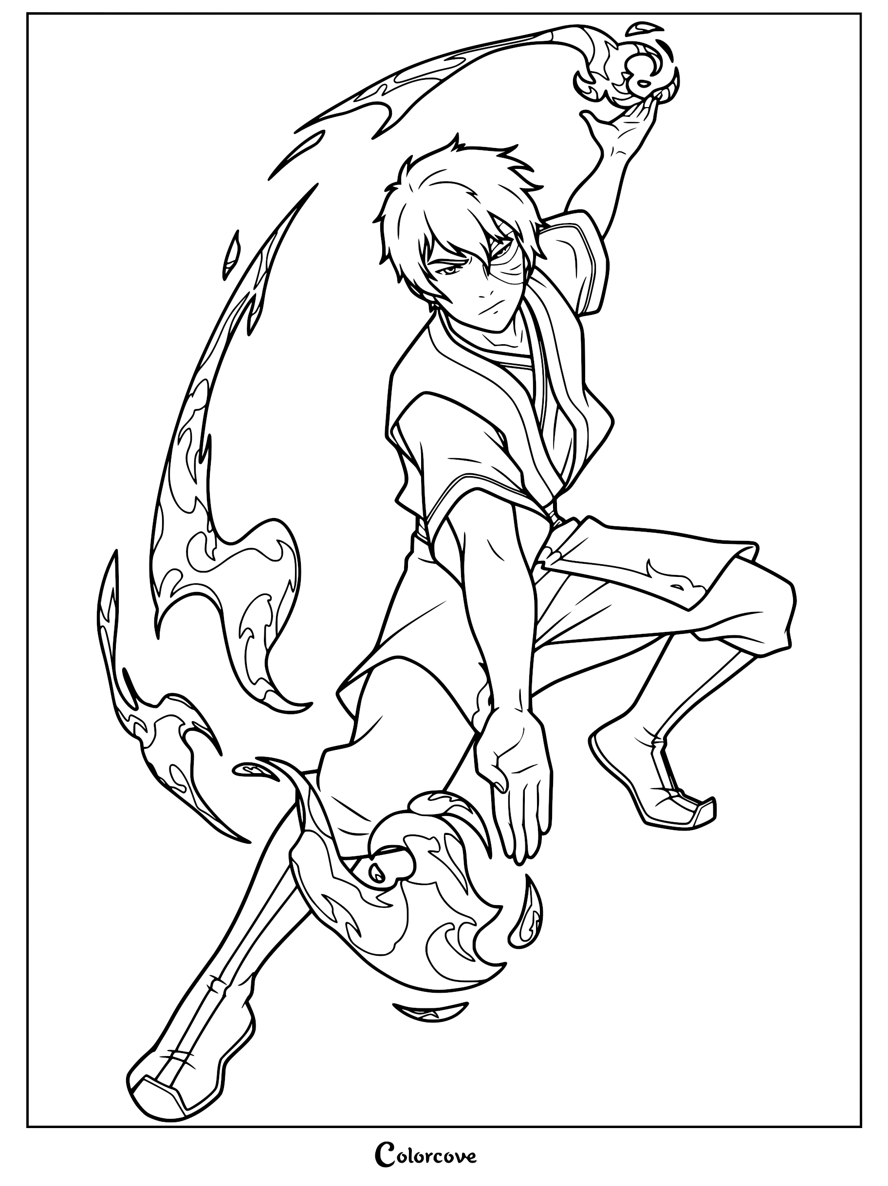 Zuko from Avatar The Last Airbender performing a dynamic firebending stance in this printable coloring page.