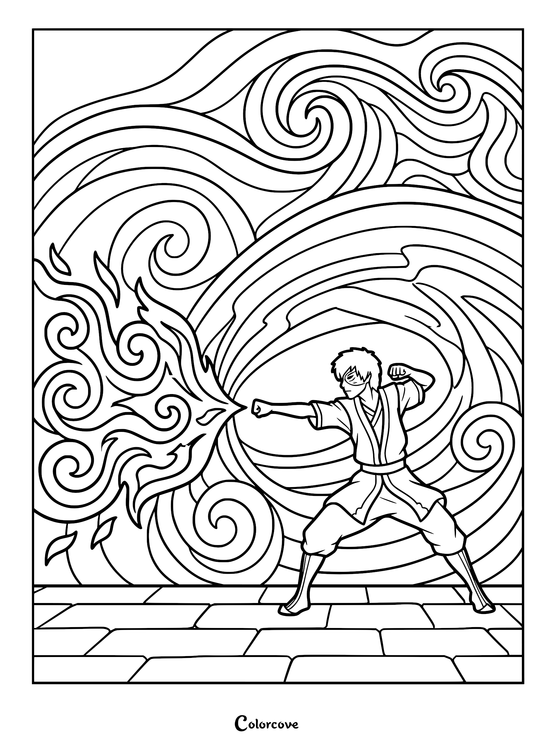 Zuko performing a firebending strike in front of swirling patterns in this printable coloring page.