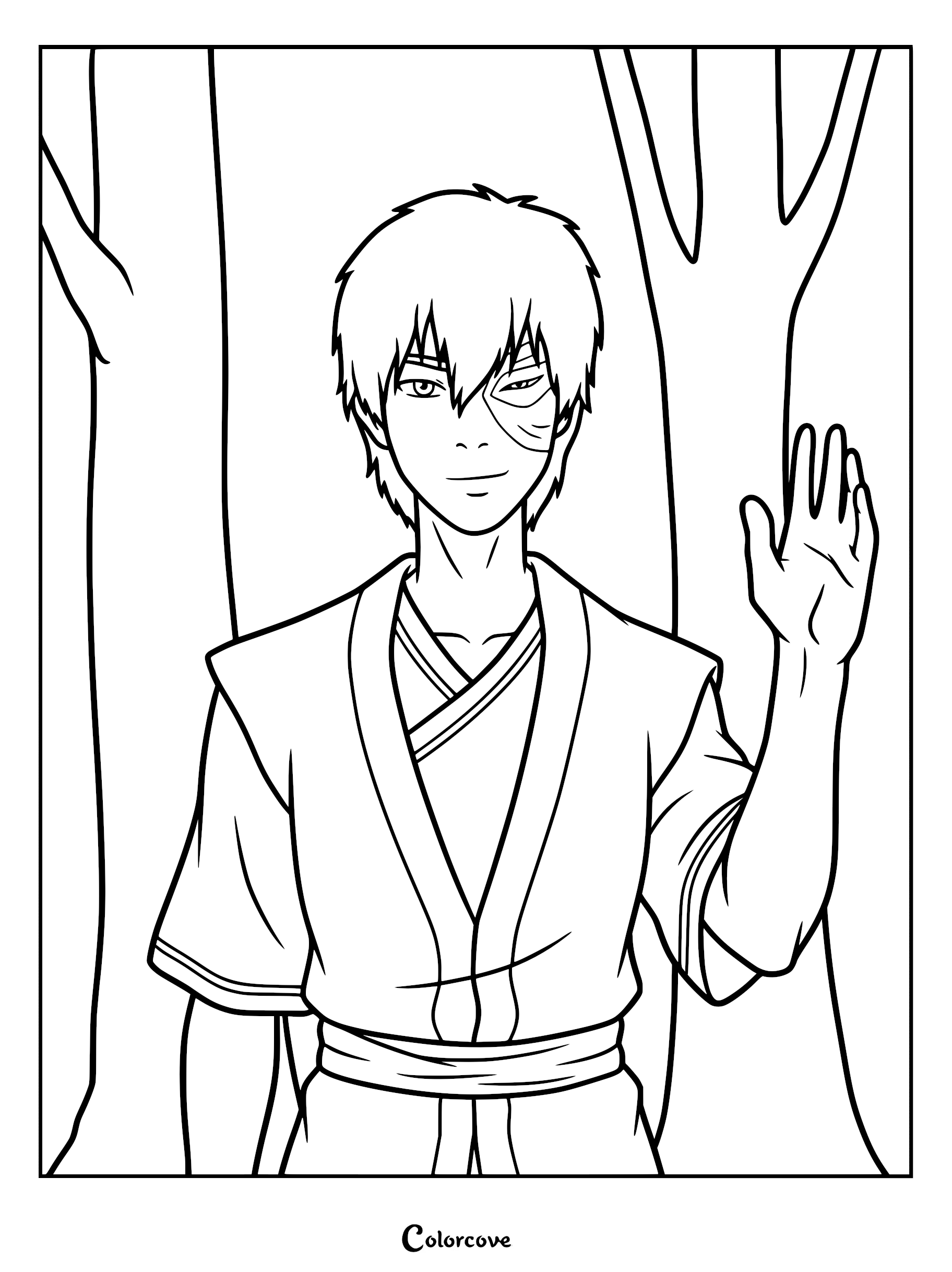 Zuko from Avatar The Last Airbender waving hello in a forest setting, line art coloring page.