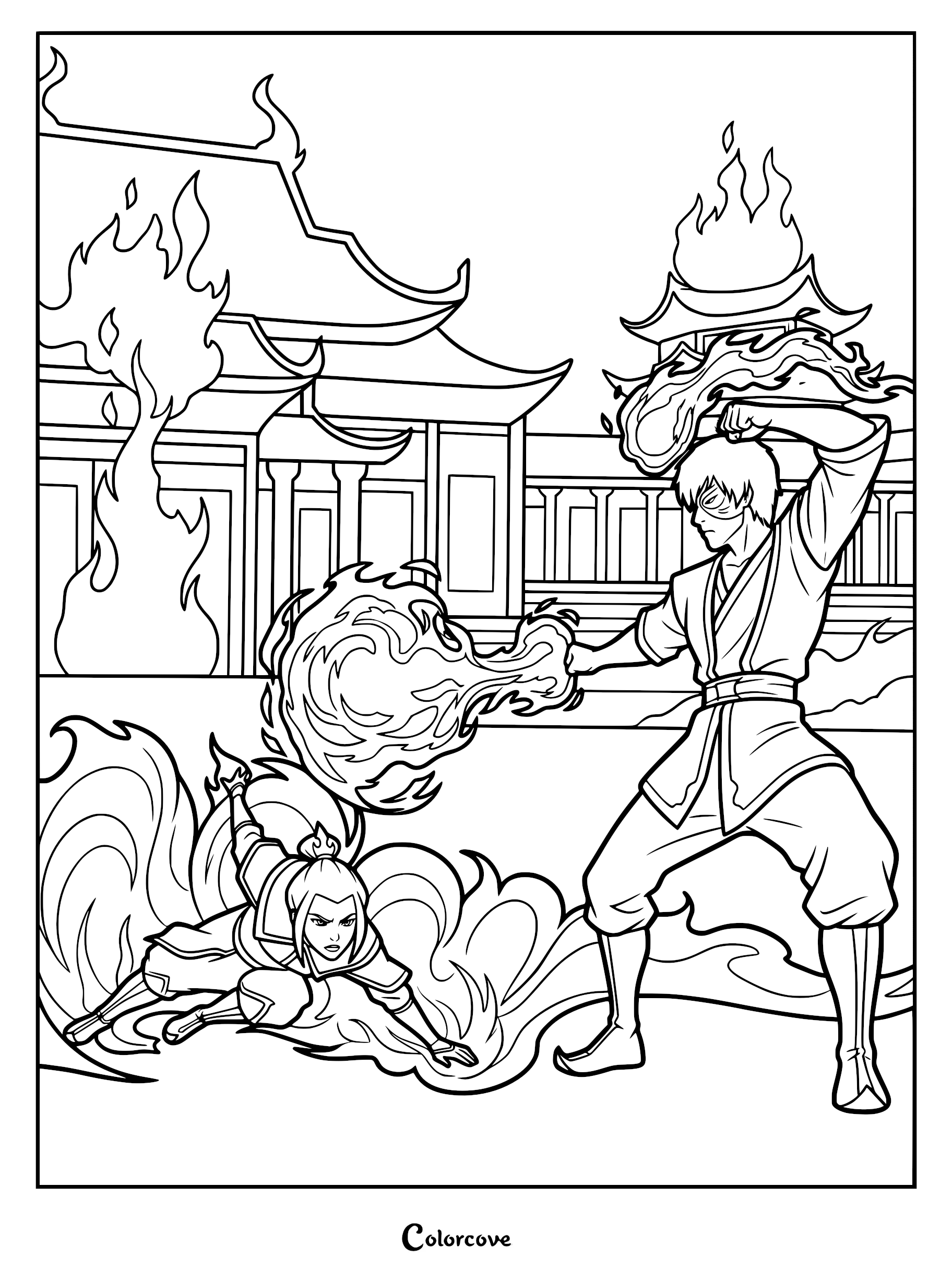 Zuko and Azula engaged in a fierce firebending battle in front of a palace, printable coloring page.