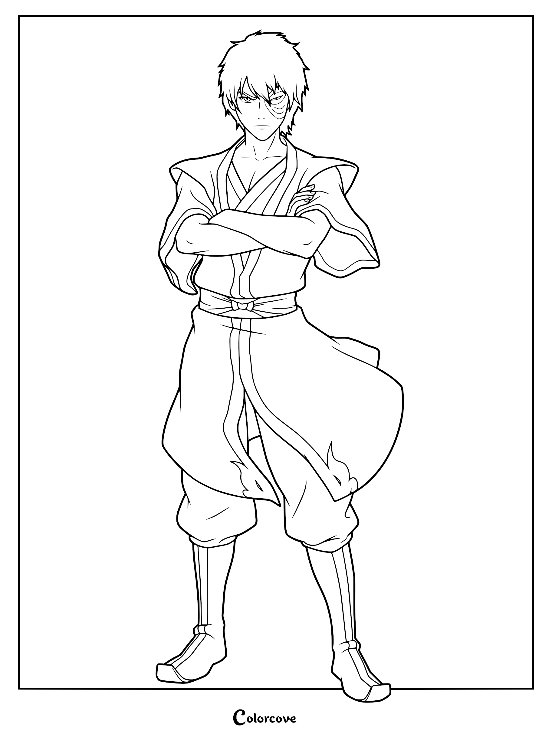 Zuko standing with arms crossed in traditional Fire Nation robes, printable coloring page.