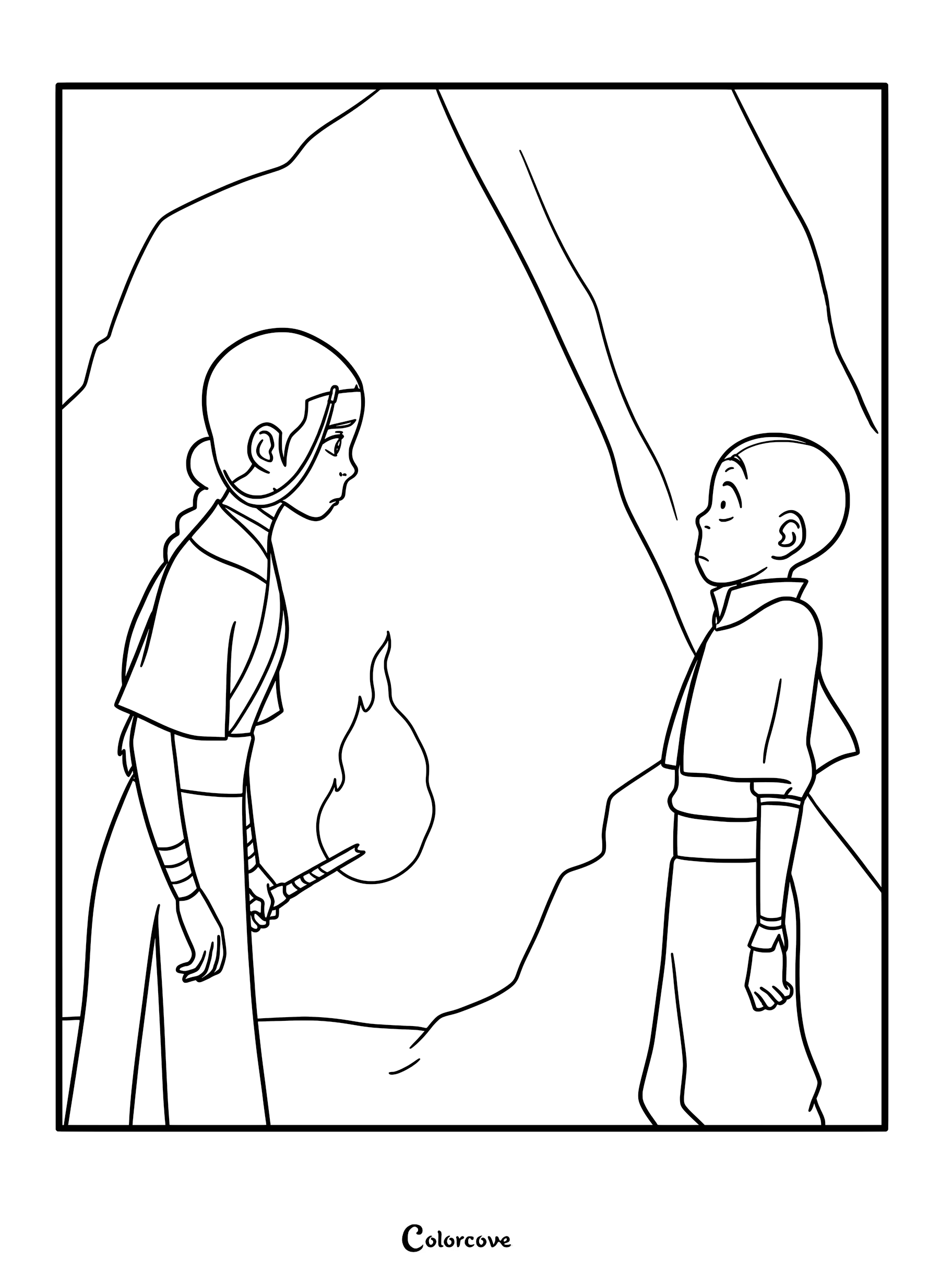 Page de coloriage représentant Aang et Katana dans la grotte des deux amoureux, avec Katana tenant une torche face à Aang à l'intérieur d'une caverne obscure.