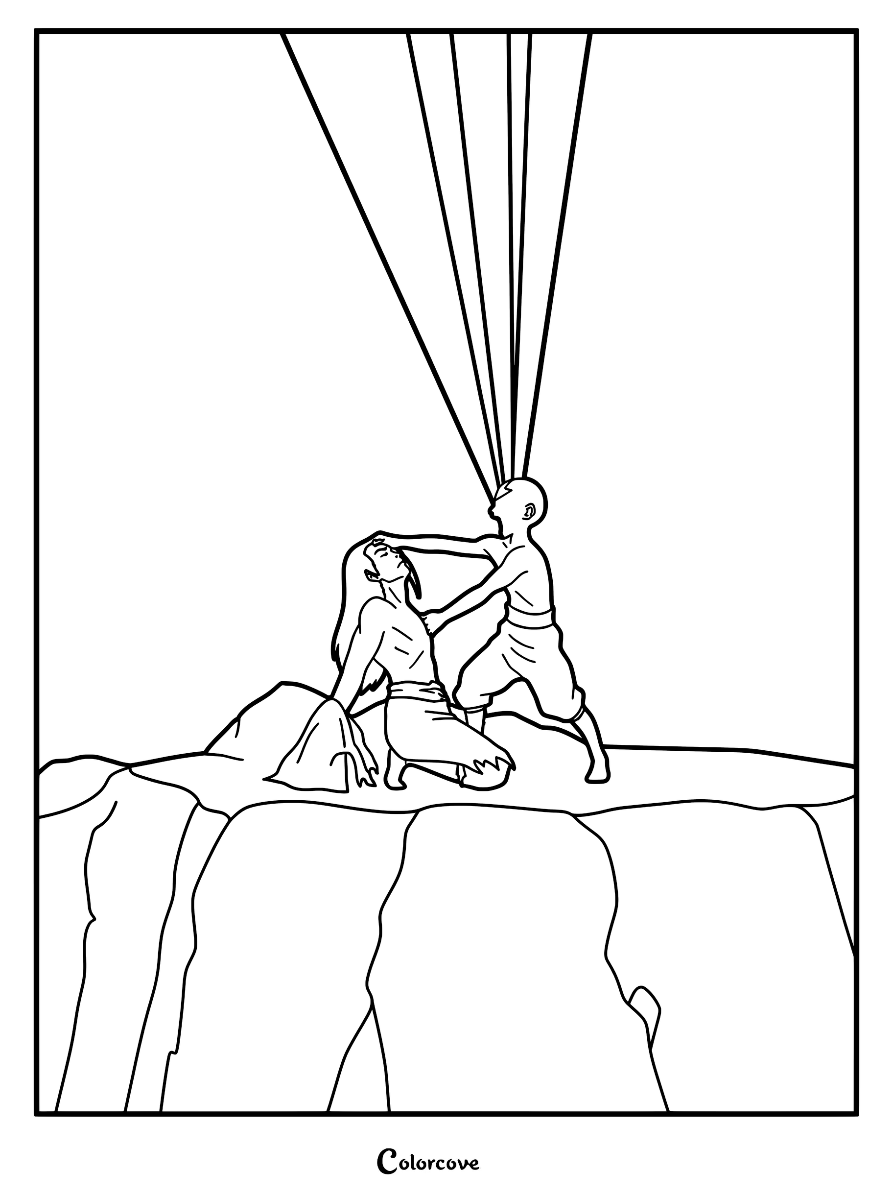 Page de coloriage « Aang prend le contrôle des éléments d'Ozai » représentant Aang retirant les pouvoirs du Seigneur du Feu Ozai sur une falaise rocheuse.