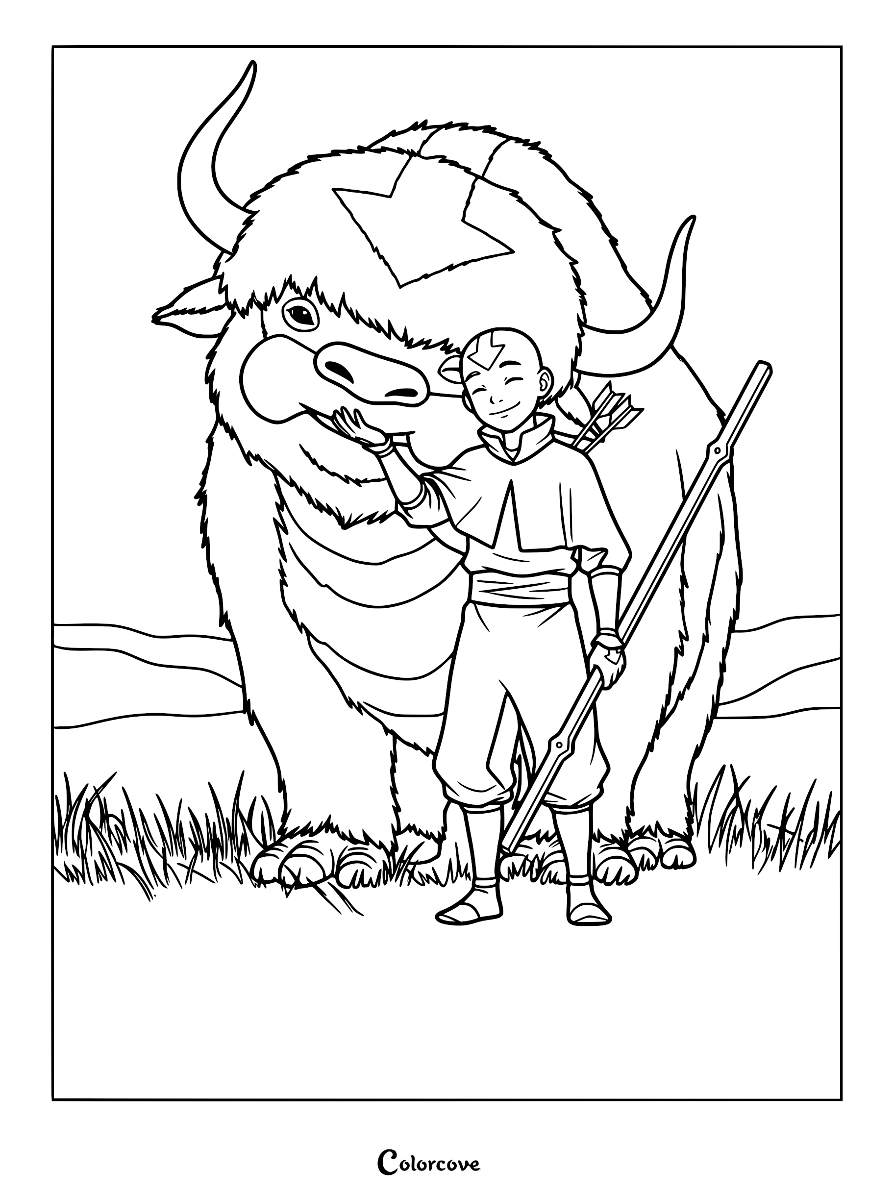 Aang standing with his staff next to Appa in a field, printable coloring page.