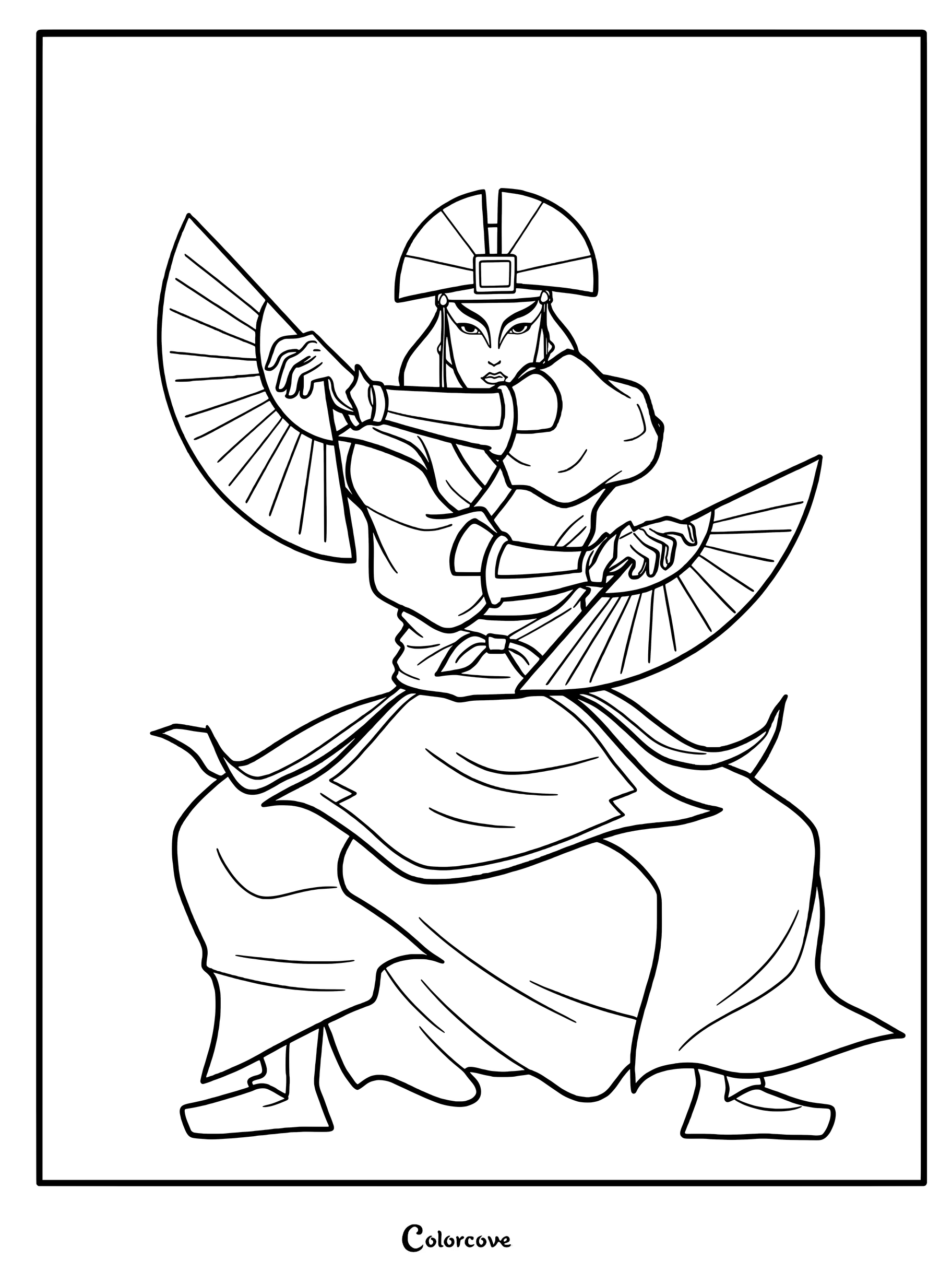 L'avatar Kyoshi en armure traditionnelle du Royaume de la Terre, brandissant ses éventails dorés emblématiques dans une puissante posture de combat, pour une page à colorier.
