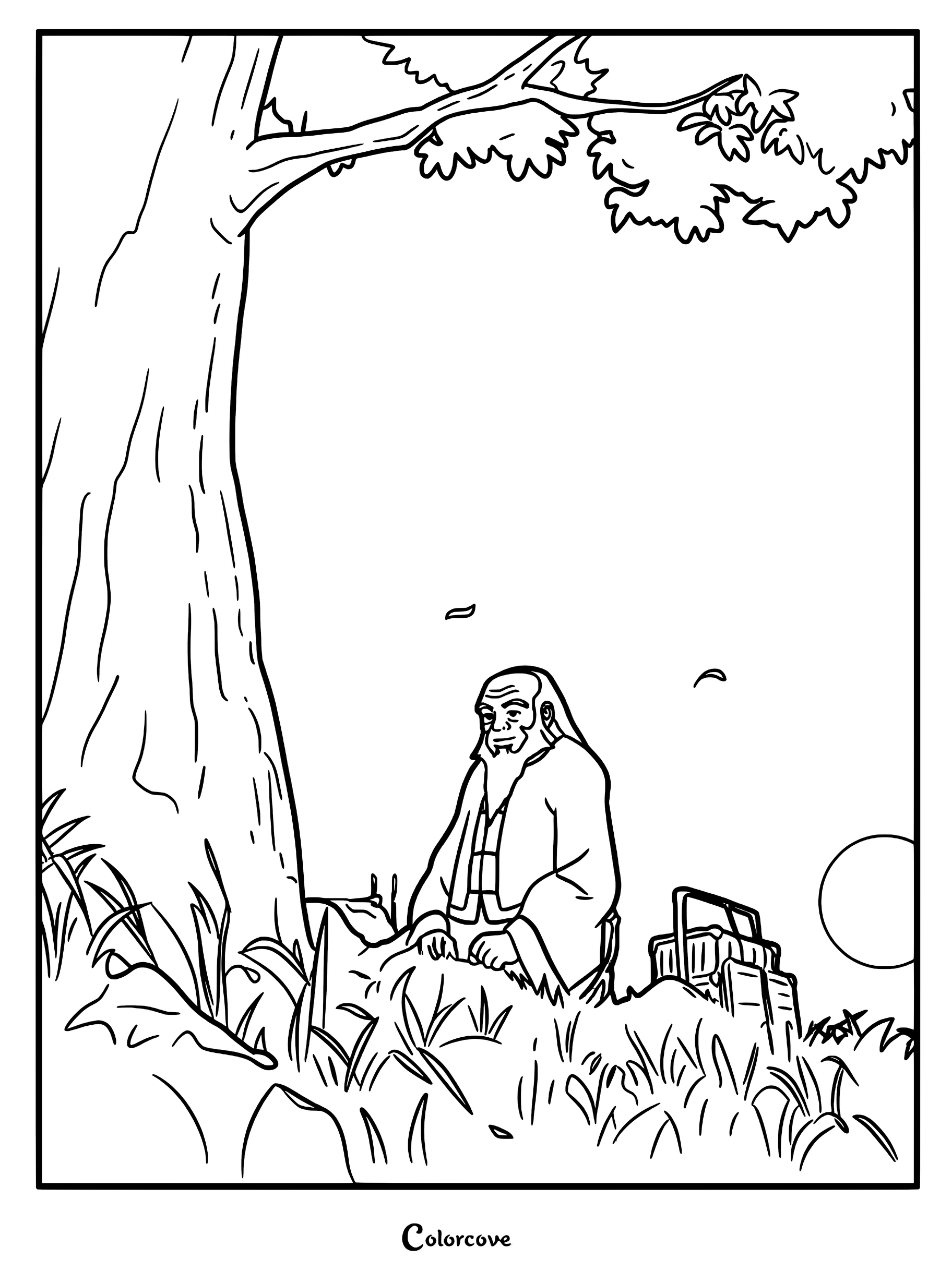 Iroh, assis sous un arbre, prépare un mémorial pour son fils Lu Ten sur cette page de coloriage à imprimer.