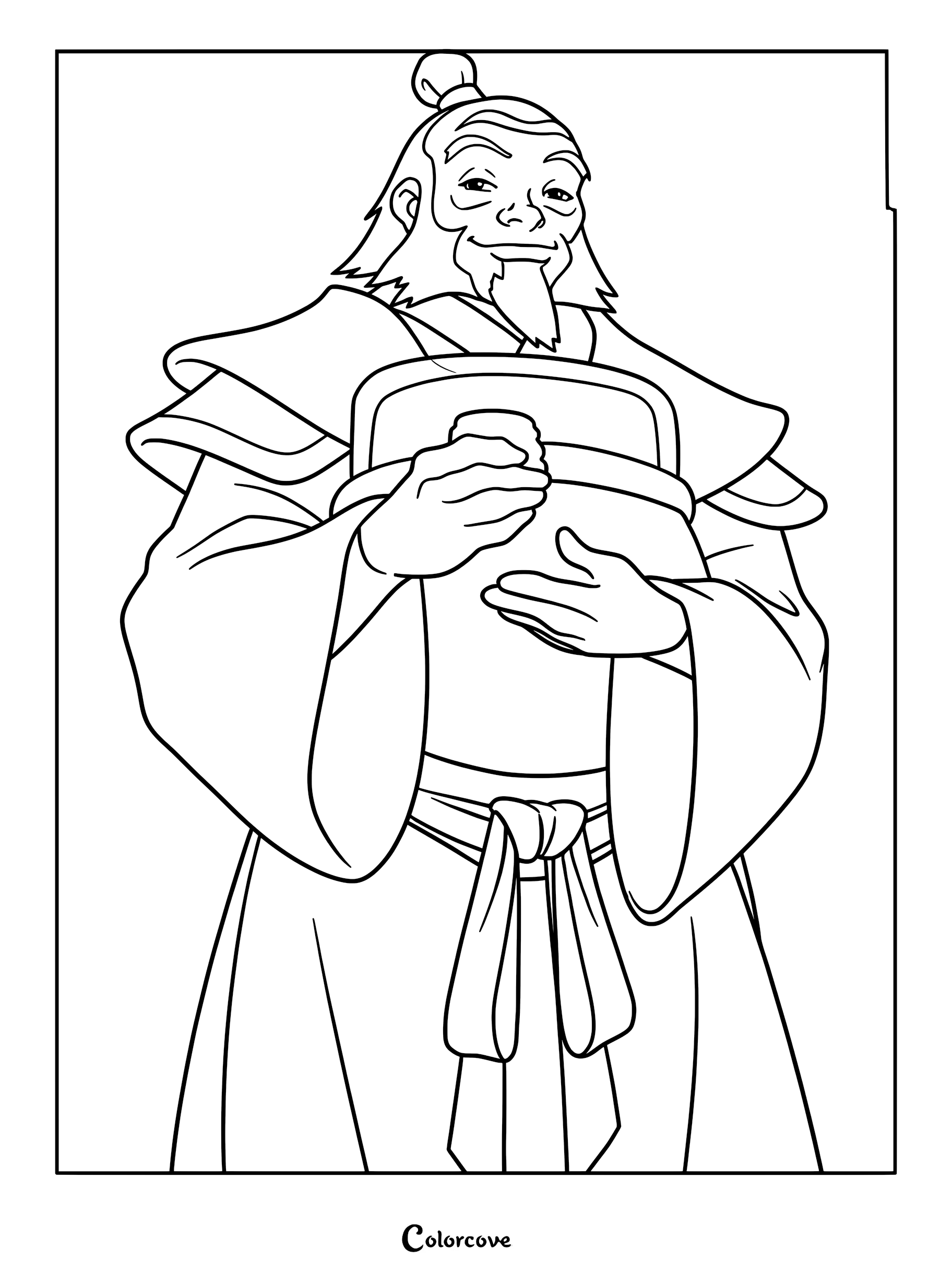 Oncle Iroh, du personnage d'Avatar, le dernier maître de l'air, tient une tasse et une théière sur cette page de coloriage à imprimer.