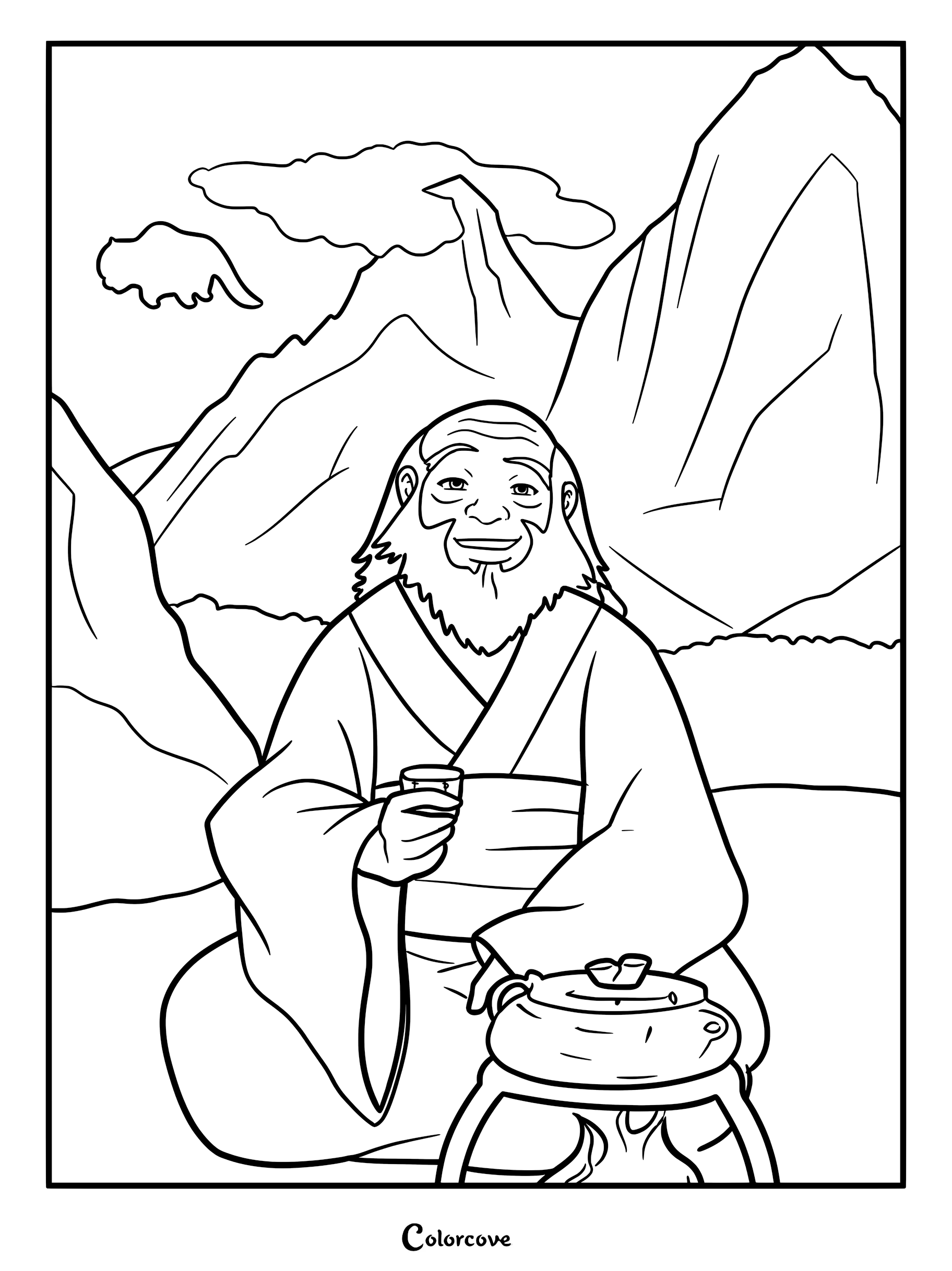 Oncle Iroh assis dans un paysage montagneux avec une théière et une tasse, page de coloriage à imprimer.