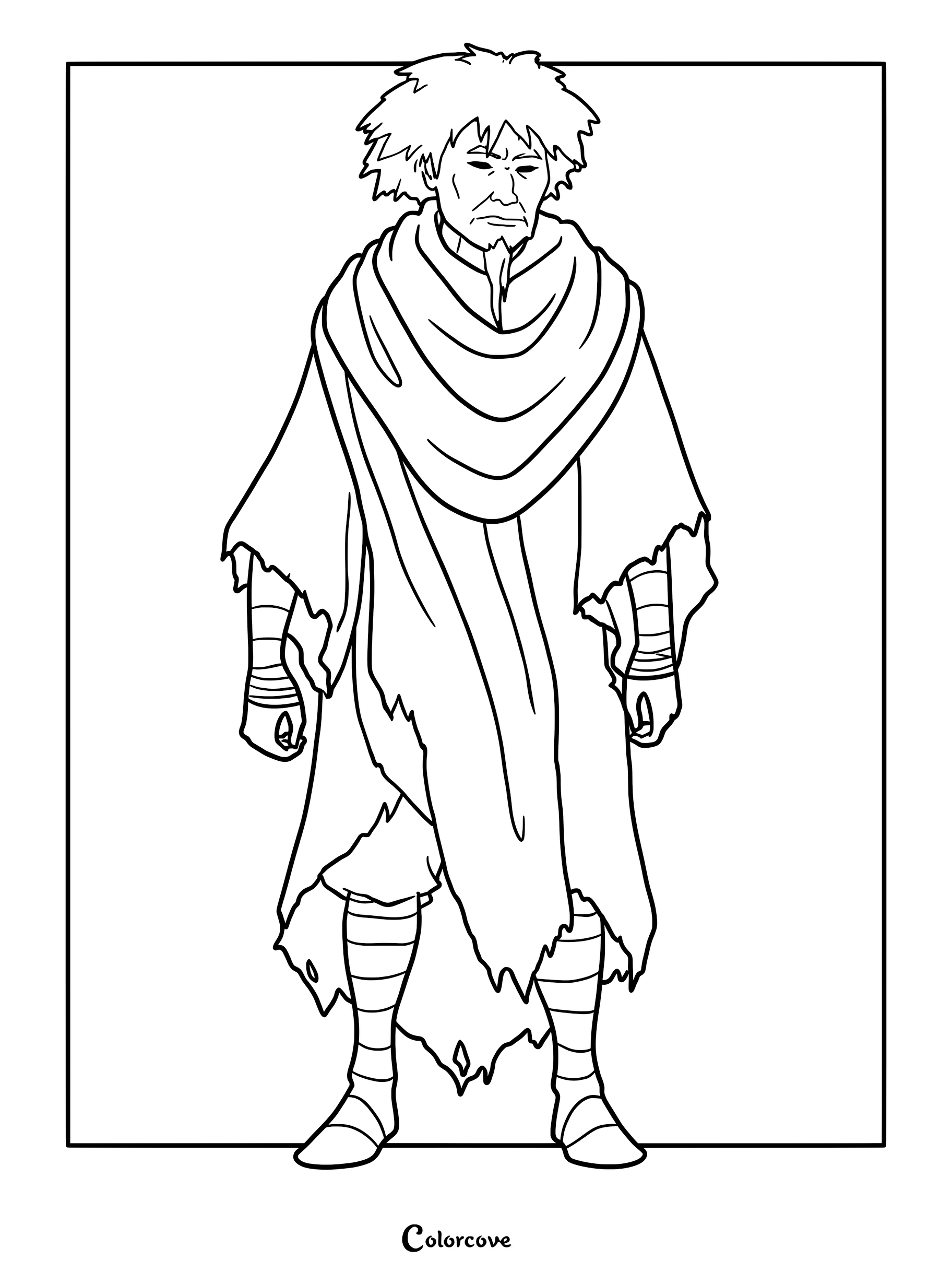 Une page de coloriage détaillée, dessinée au trait, représentant Jeong Jeong d'Avatar, le dernier maître de l'air, le maître du feu dans sa robe déchirée caractéristique et avec ses cheveux ébouriffés.