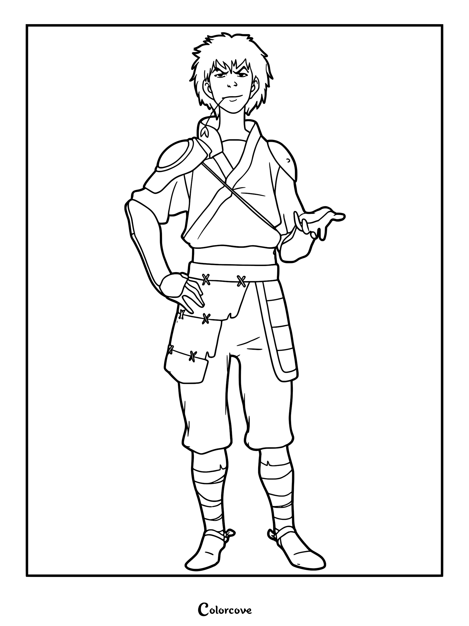 Jet d'Avatar, le dernier maître de l'air, debout avec un épi de blé dans la bouche, page de coloriage à imprimer.