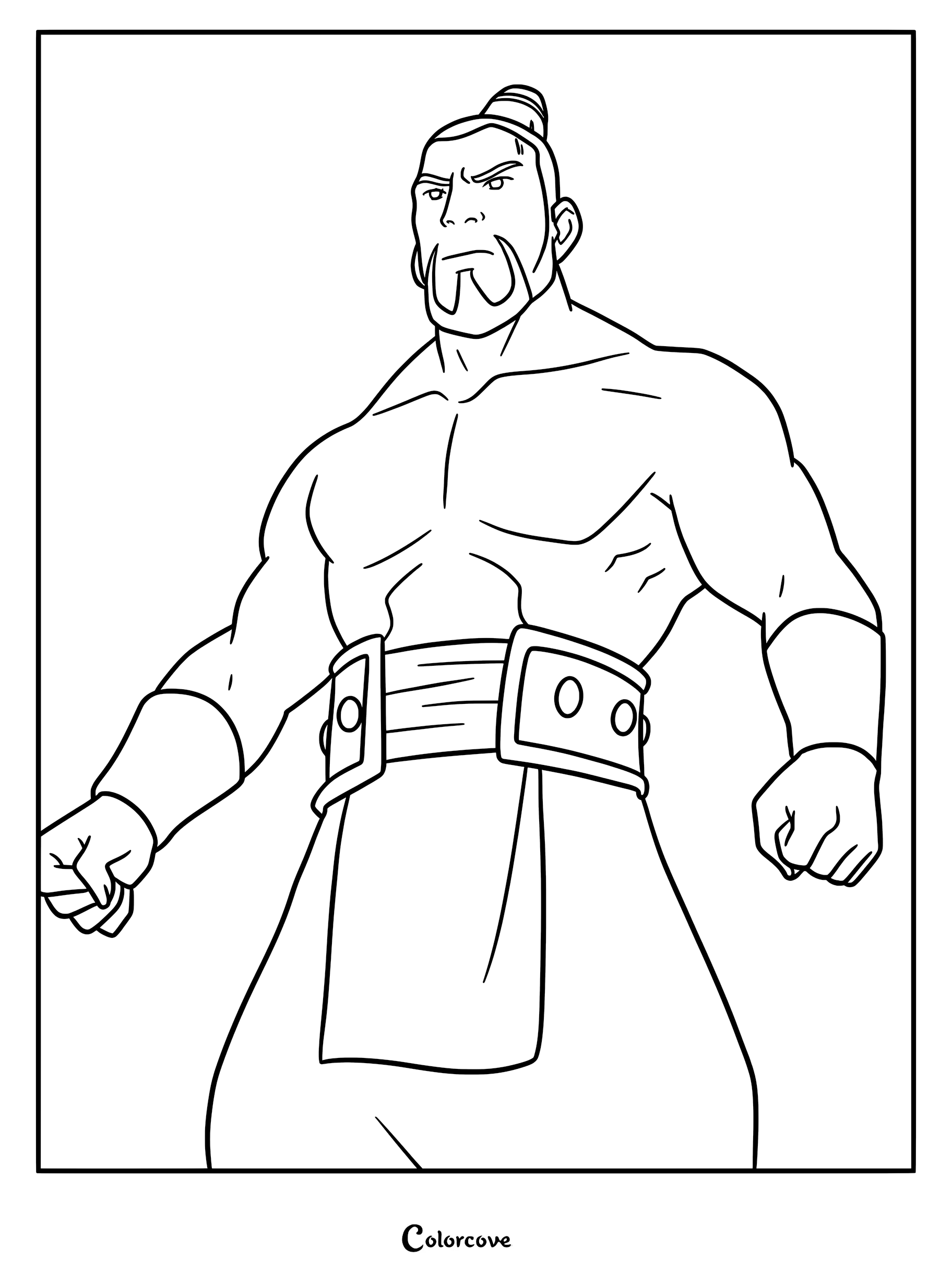 Le rocher d'Avatar, le dernier maître de l'air, dans une pose puissante, page de coloriage à imprimer.