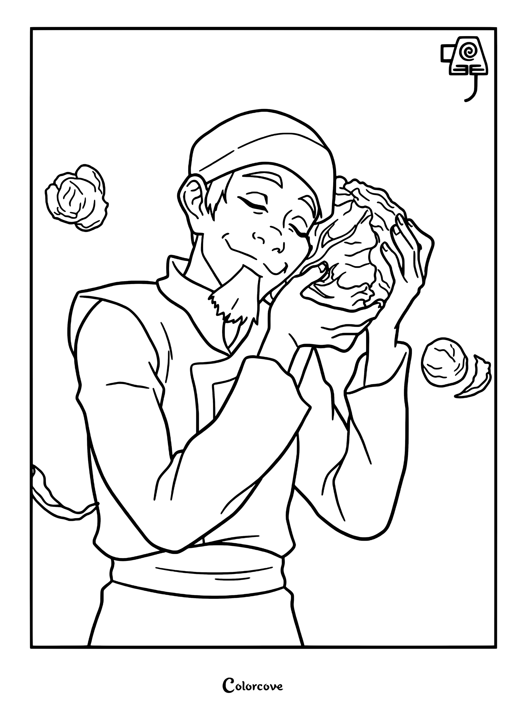 Le marchand de choux d'Avatar, le dernier maître de l'air, tenant un chou devant son visage sur cette page de coloriage à imprimer.