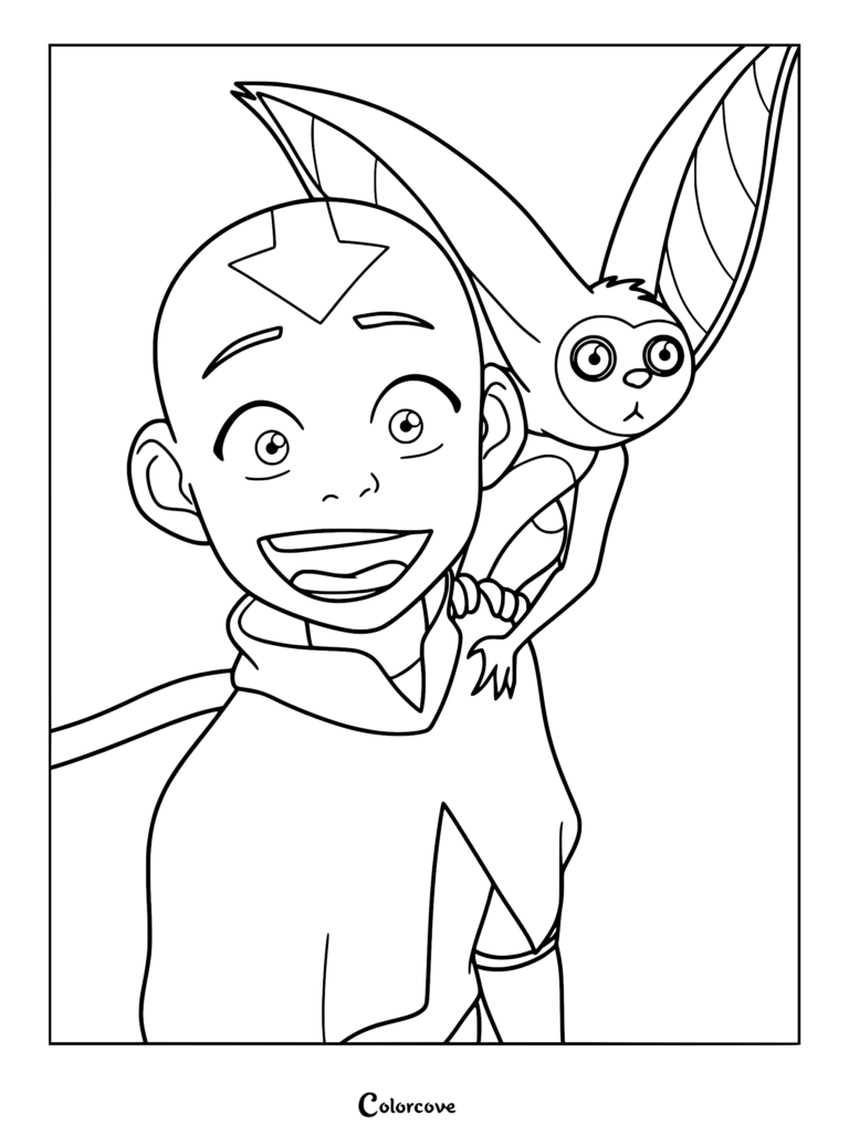 Aang smiling with Momo perched on his shoulder in this printable Avatar The Last Airbender coloring page.