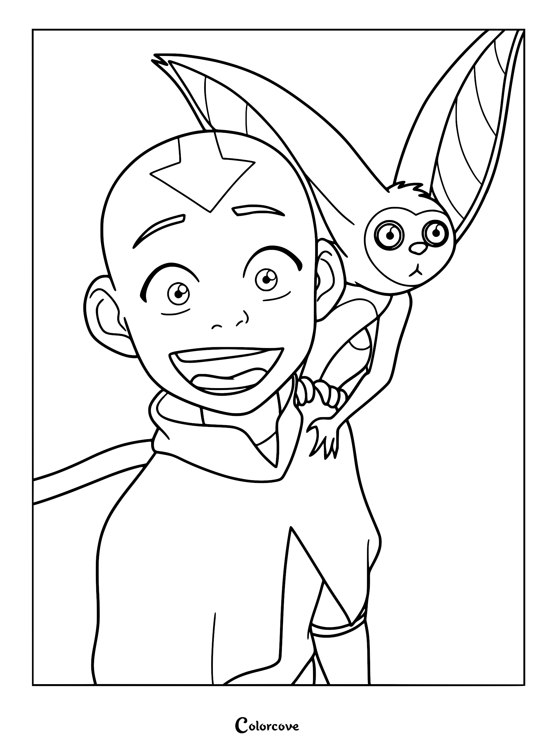 Aang smiling with Momo perched on his shoulder in this printable Avatar The Last Airbender coloring page.