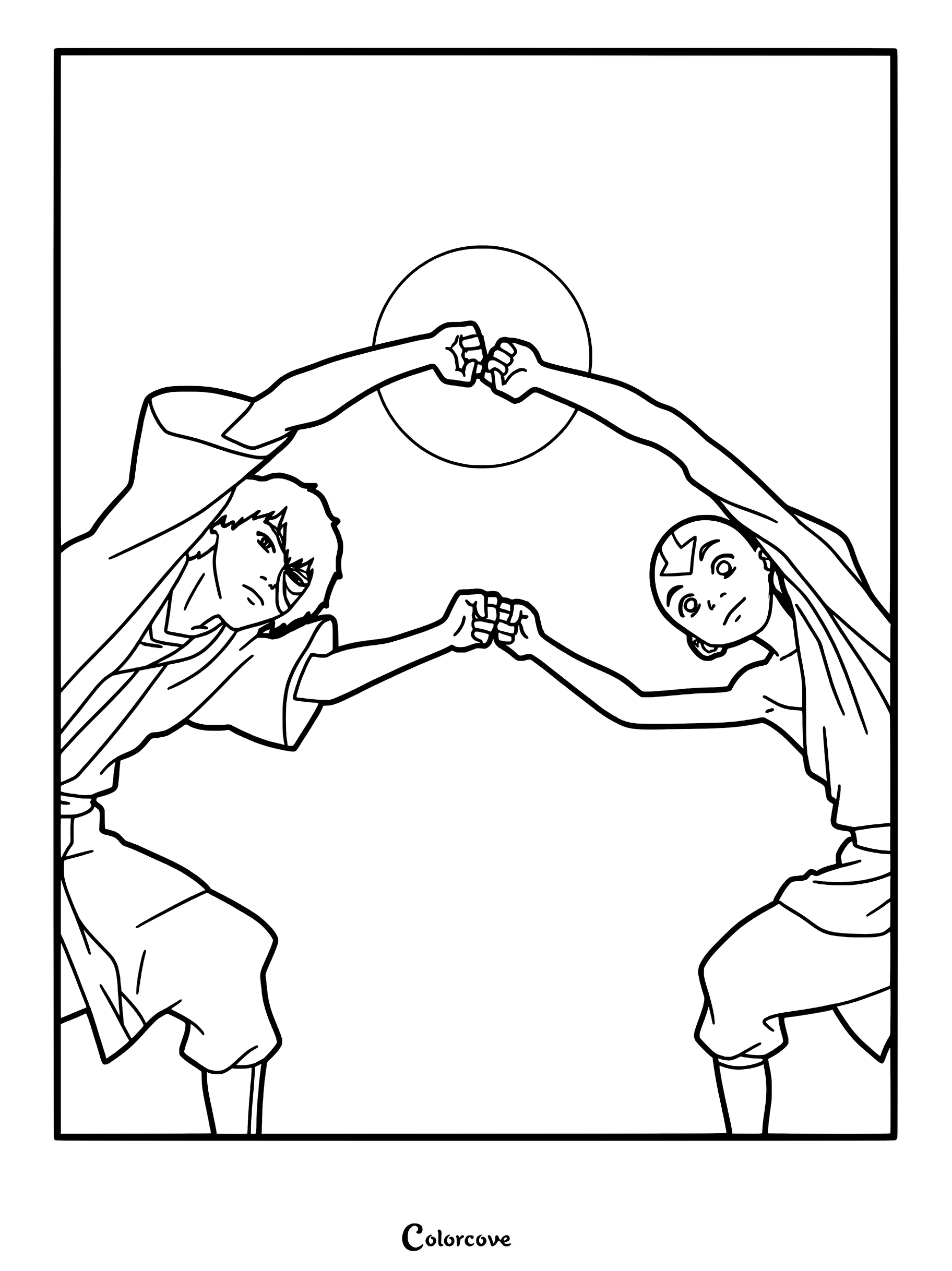 Zuko et Aang exécutent la forme d'arts martiaux synchronisée du Dragon Dansant dans les ruines du Guerrier du Soleil sur cette page de coloriage à imprimer.