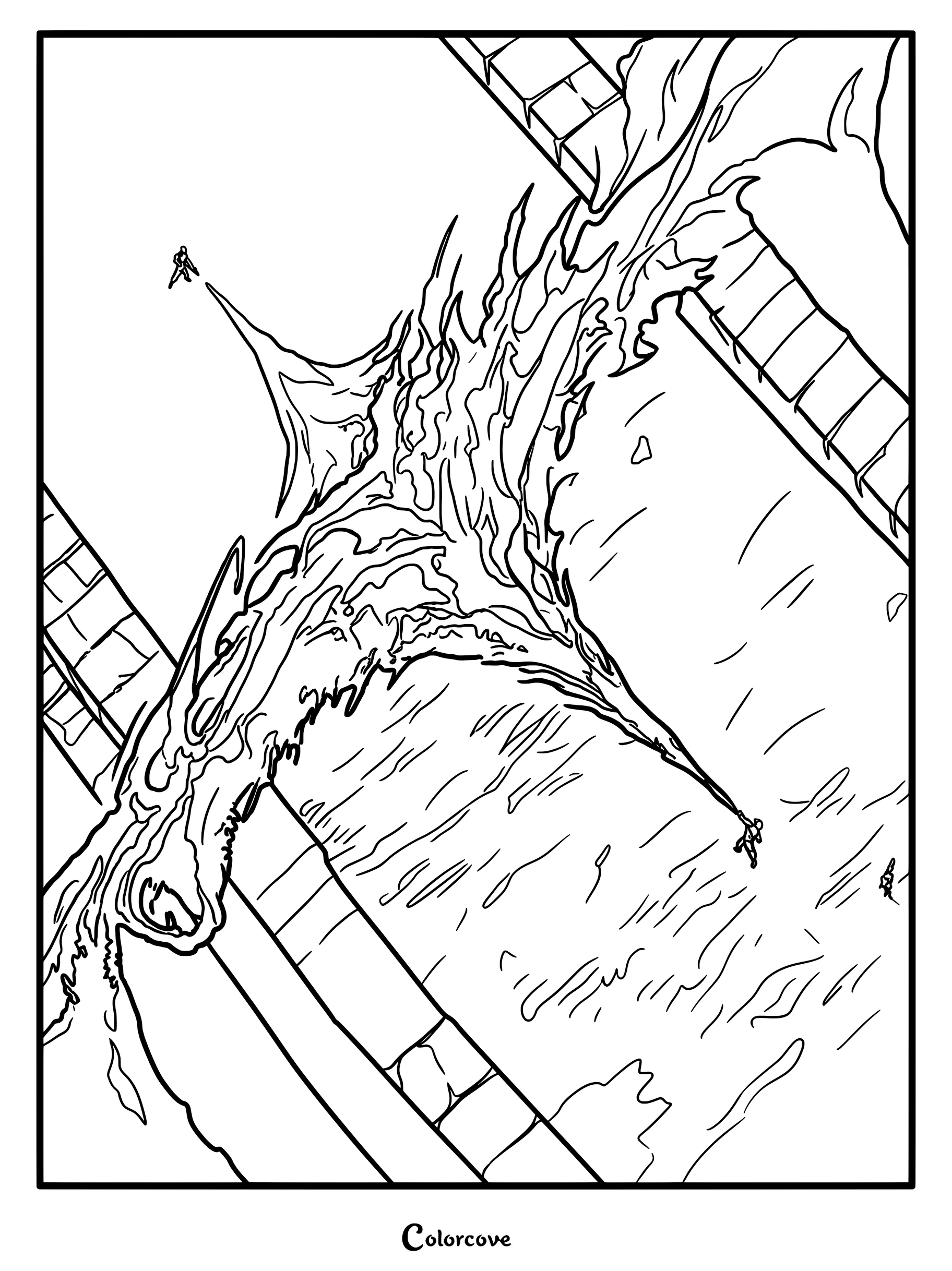 Une page de coloriage spectaculaire du Dernier Agni Kai mettant en scène Zuko et Azula engagés dans un féroce duel de maîtrise du feu.