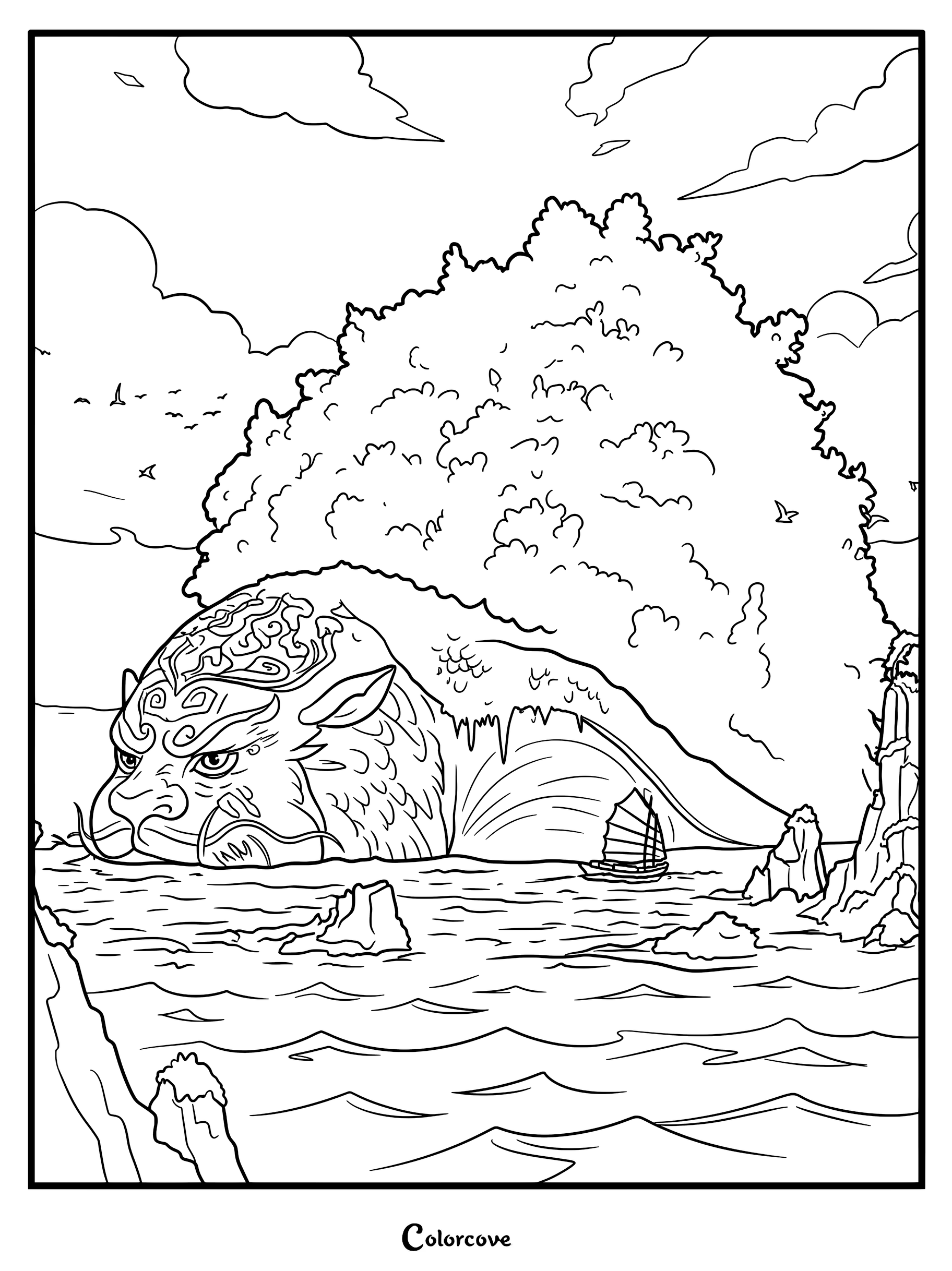 Une page de coloriage détaillée représentant l'ancien lion-tortue nageant dans l'océan avec un petit bateau à proximité.