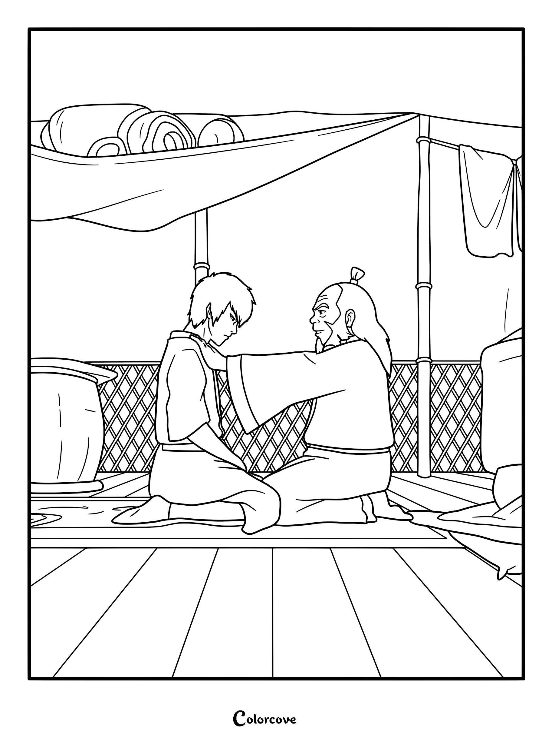 Une page de coloriage à imprimer représentant les retrouvailles de Zuko et Iroh au camp du Lotus Blanc, où l'on voit Zuko en larmes implorant le pardon tandis qu'Iroh le serre dans une étreinte immense et pleine de pardon.