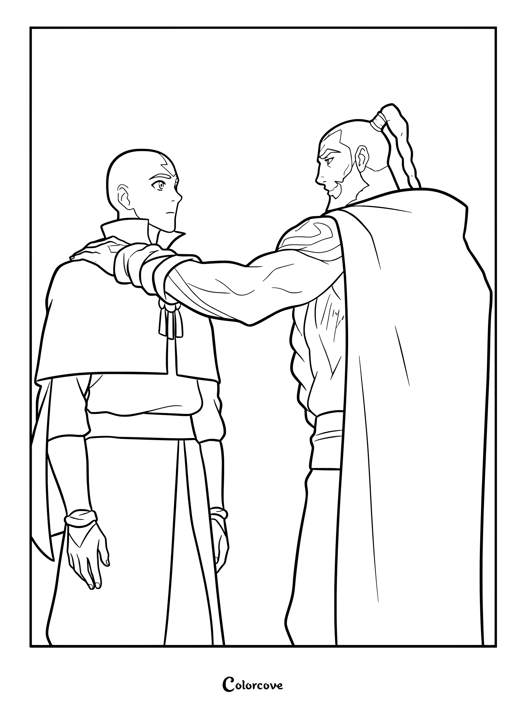 Une page de coloriage à imprimer représentant Aang debout face à face avec Tagah, qui a la main fermement posée sur l'épaule d'Aang.