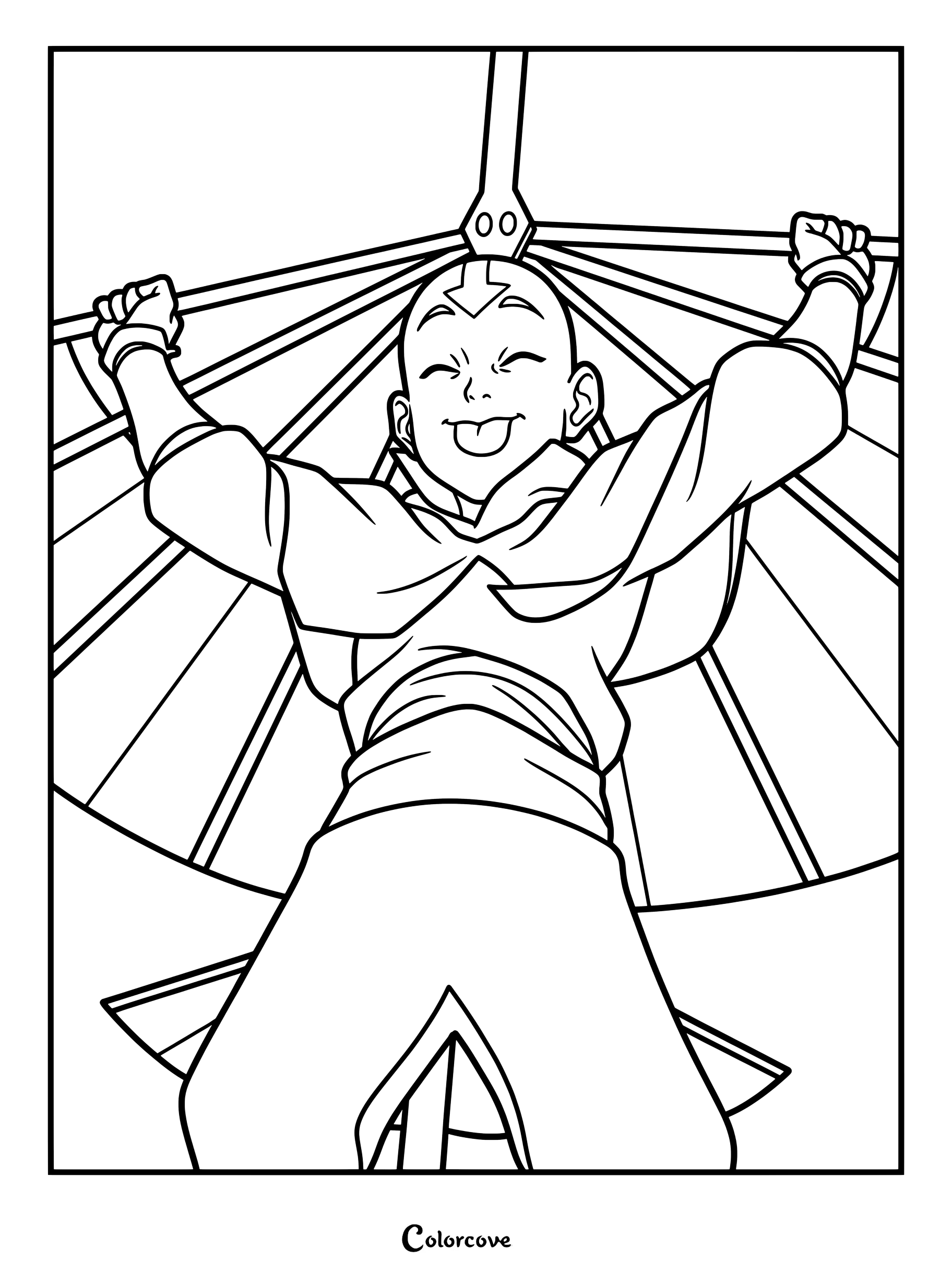 Aang, du film Avatar, le dernier maître de l'air, plane avec son bâton planeur sur cette page de coloriage à imprimer.