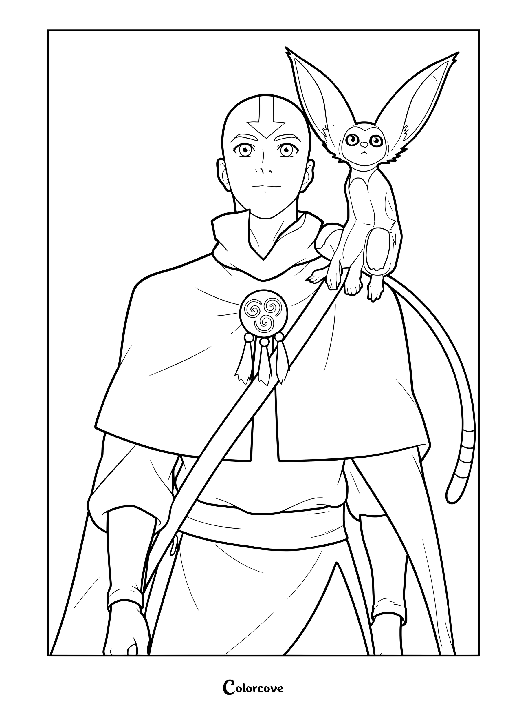 Une page de coloriage à imprimer représentant Aang adulte avec son fidèle compagnon Momo perché sur son épaule, dans un style de dessin au trait détaillé.