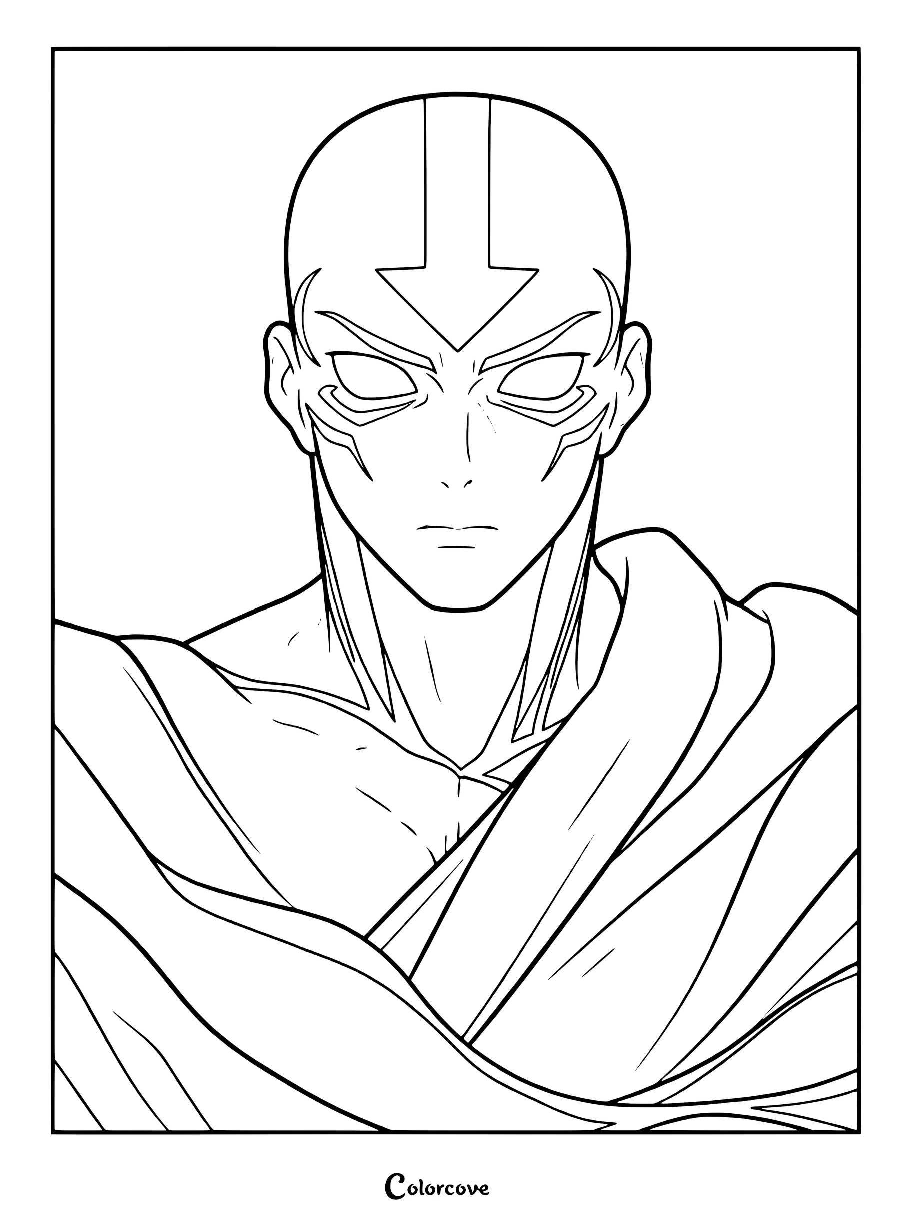 Une page de coloriage détaillée, dessinée au trait, représentant Aang adulte d'Avatar : Le Dernier Maître de l'Air, dans l'état d'Avatar lumineux, avec son tatouage de flèche emblématique et son expression intense.