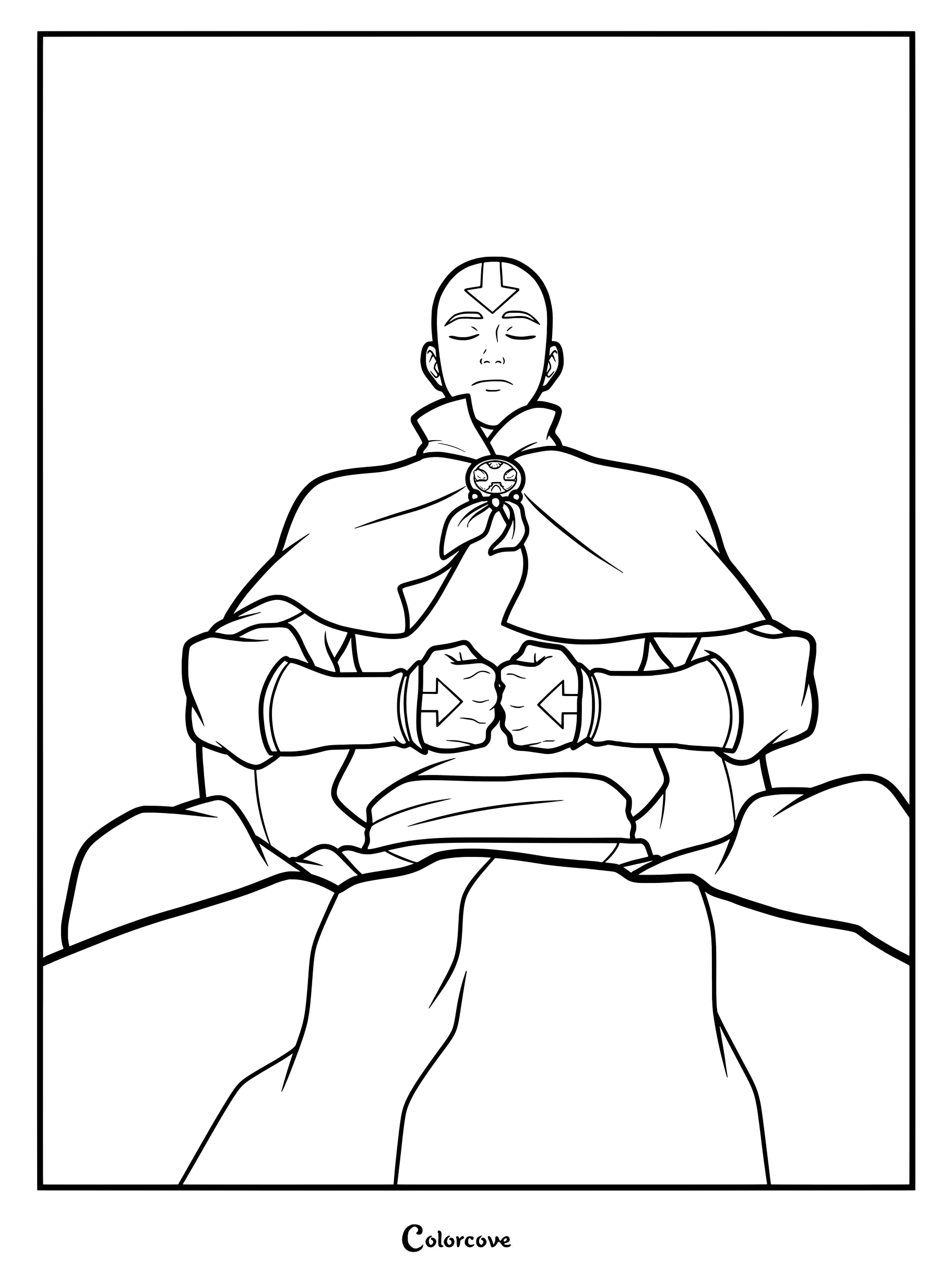 Aang adulte, personnage d'Avatar : Le Dernier Maître de l'Air, assis dans une posture de méditation paisible, vêtu de sa robe et de sa cape traditionnelles de nomade de l'air, figure sur cette page de coloriage à imprimer.