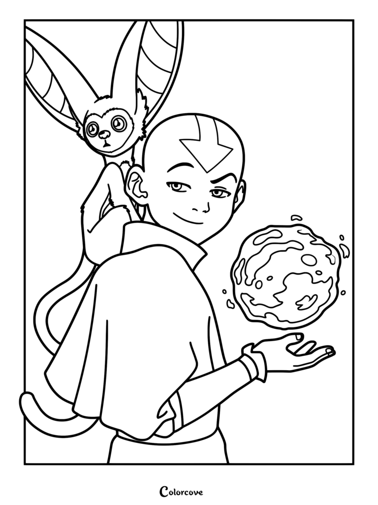 Aang and Momo coloring page featuring Aang with an arrow tattoo holding a floating sphere while Momo sits on his shoulder.