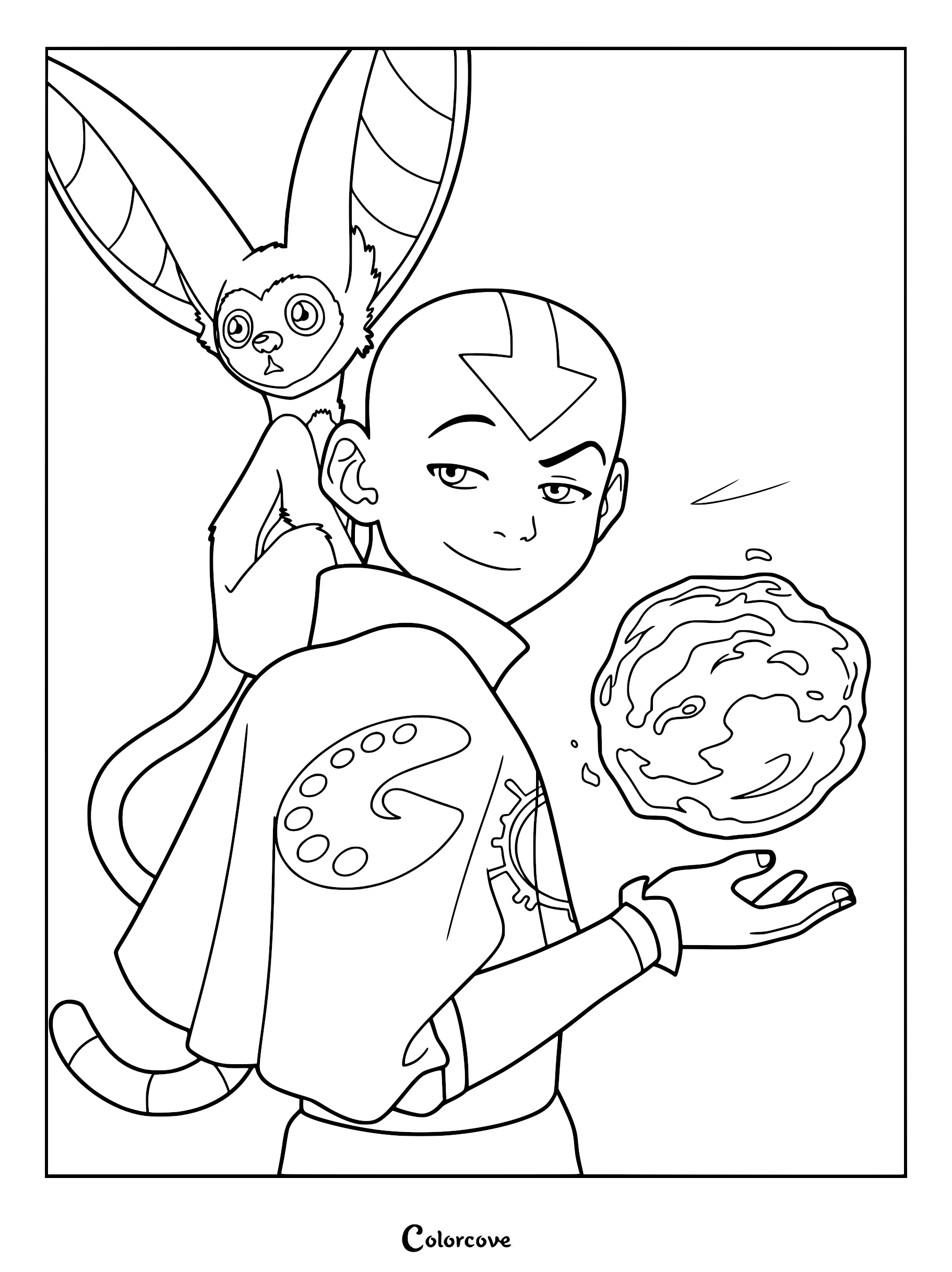 Aang and Momo coloring page featuring Aang with an arrow tattoo holding a floating sphere while Momo sits on his shoulder.